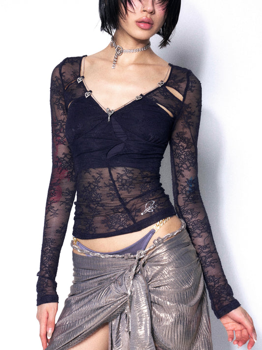 Soft Seduction Lace Cutout Top in Deep Plum with Stretch