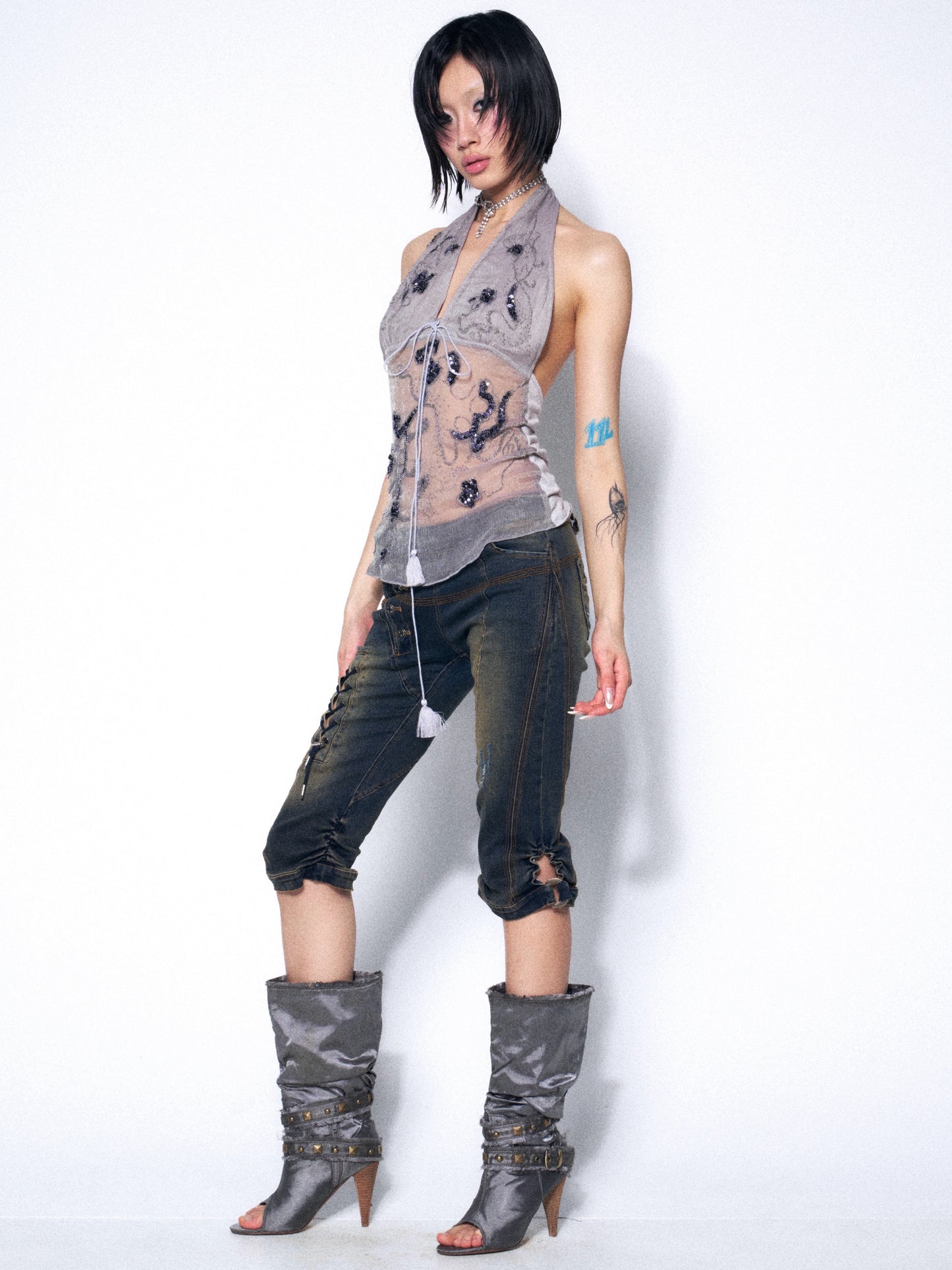 Beaded and Sequined Halter Top Sparkling Tie-Neck Camisole