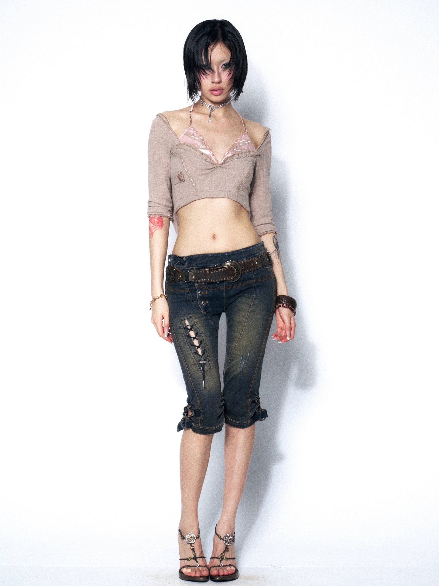 Distressed Denim Bermuda Shorts with Heavy-Duty Washed Finish for Sculpting Fit