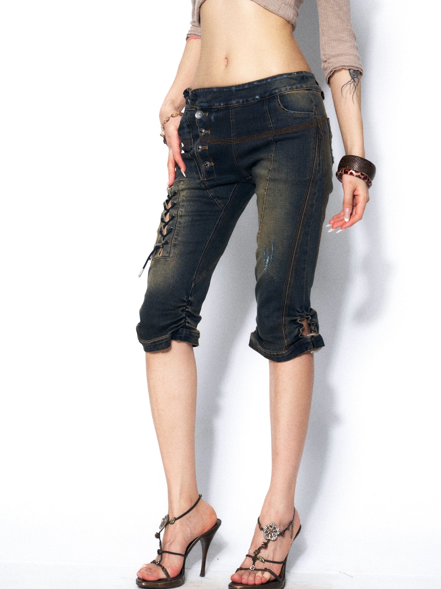 Distressed Denim Bermuda Shorts with Heavy-Duty Washed Finish for Sculpting Fit