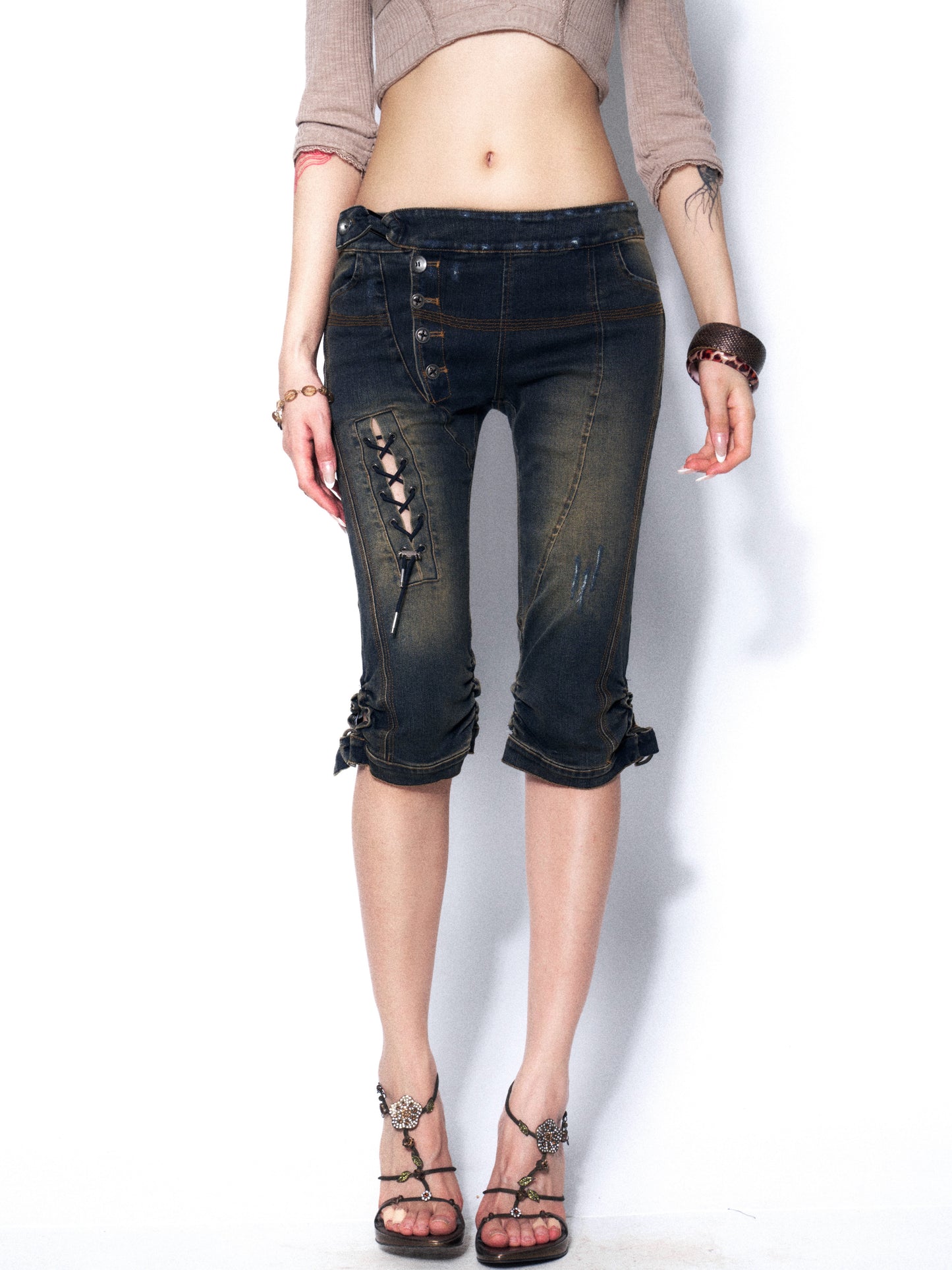 Distressed Denim Bermuda Shorts with Heavy-Duty Washed Finish for Sculpting Fit