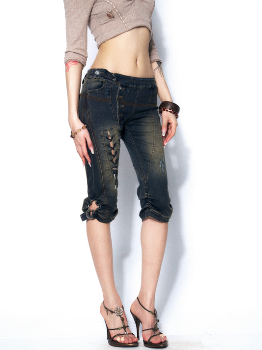 Distressed Denim Bermuda Shorts with Heavy-Duty Washed Finish for Sculpting Fit
