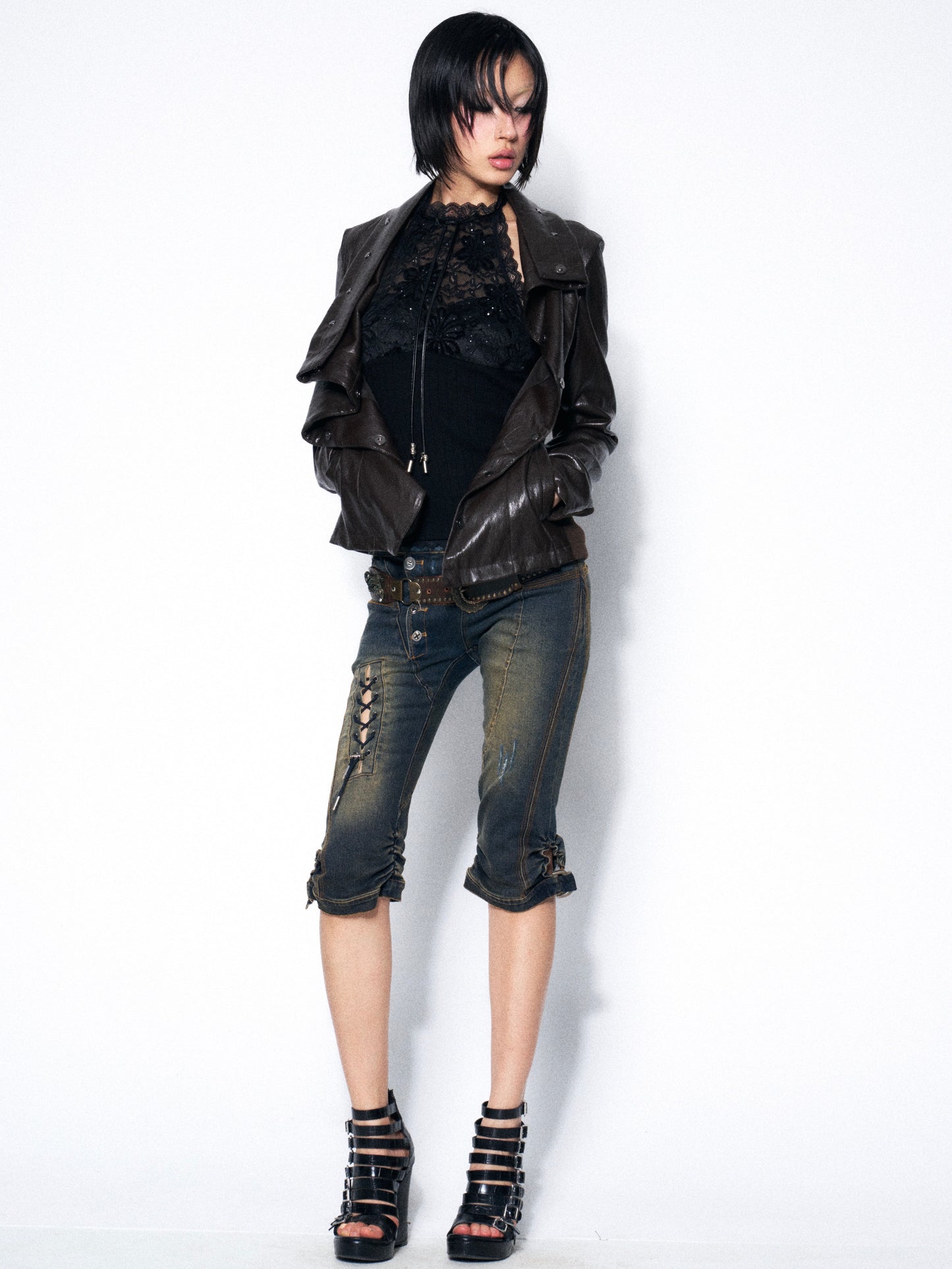 Espresso Convertible Leather Jacket with Drape Neck