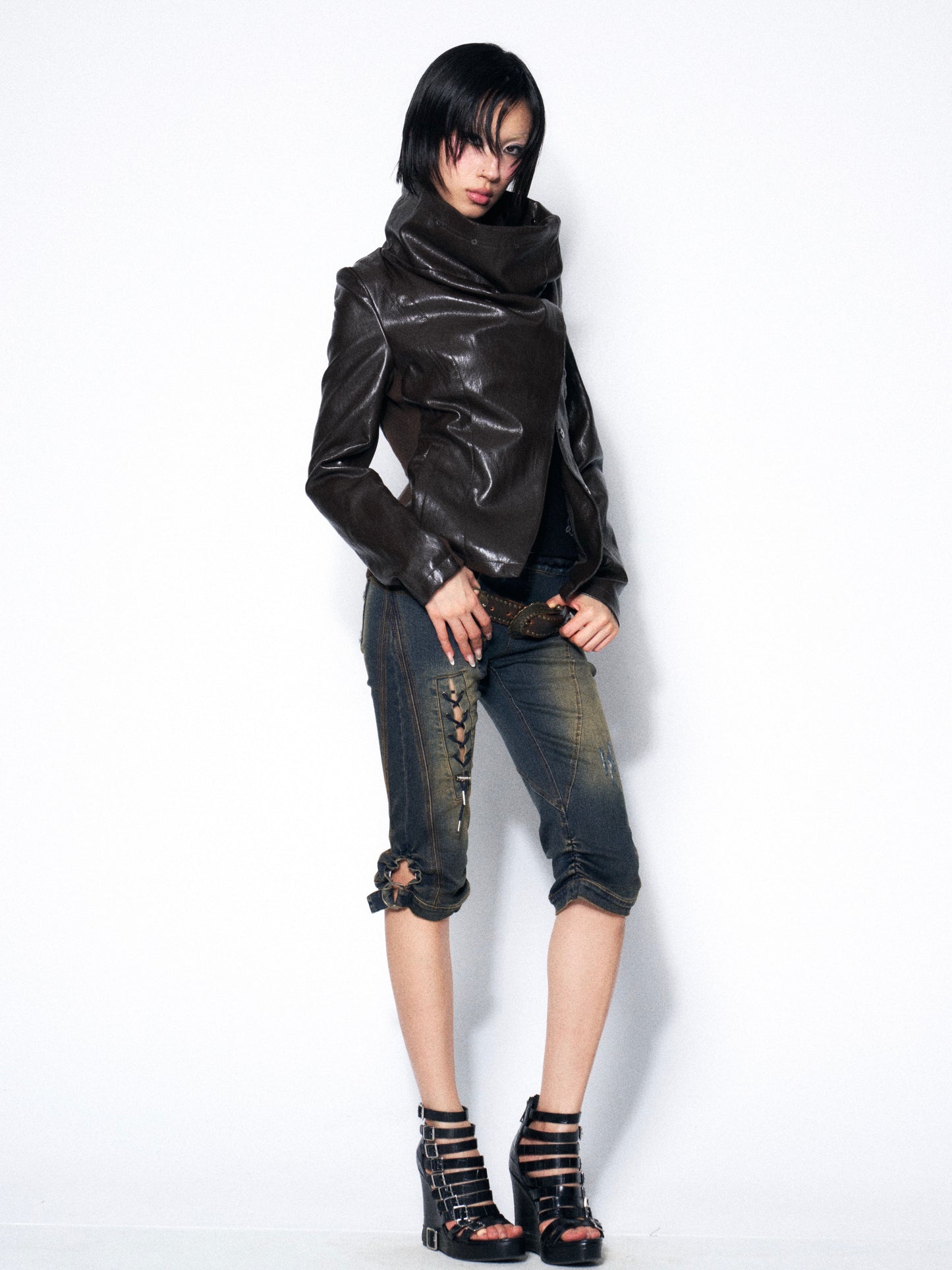 Espresso Convertible Leather Jacket with Drape Neck