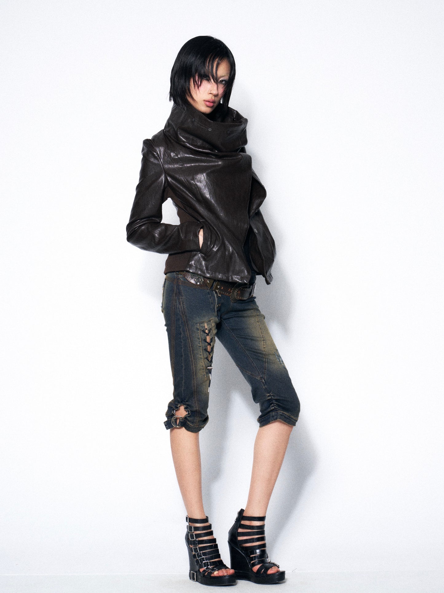 Espresso Convertible Leather Jacket with Drape Neck