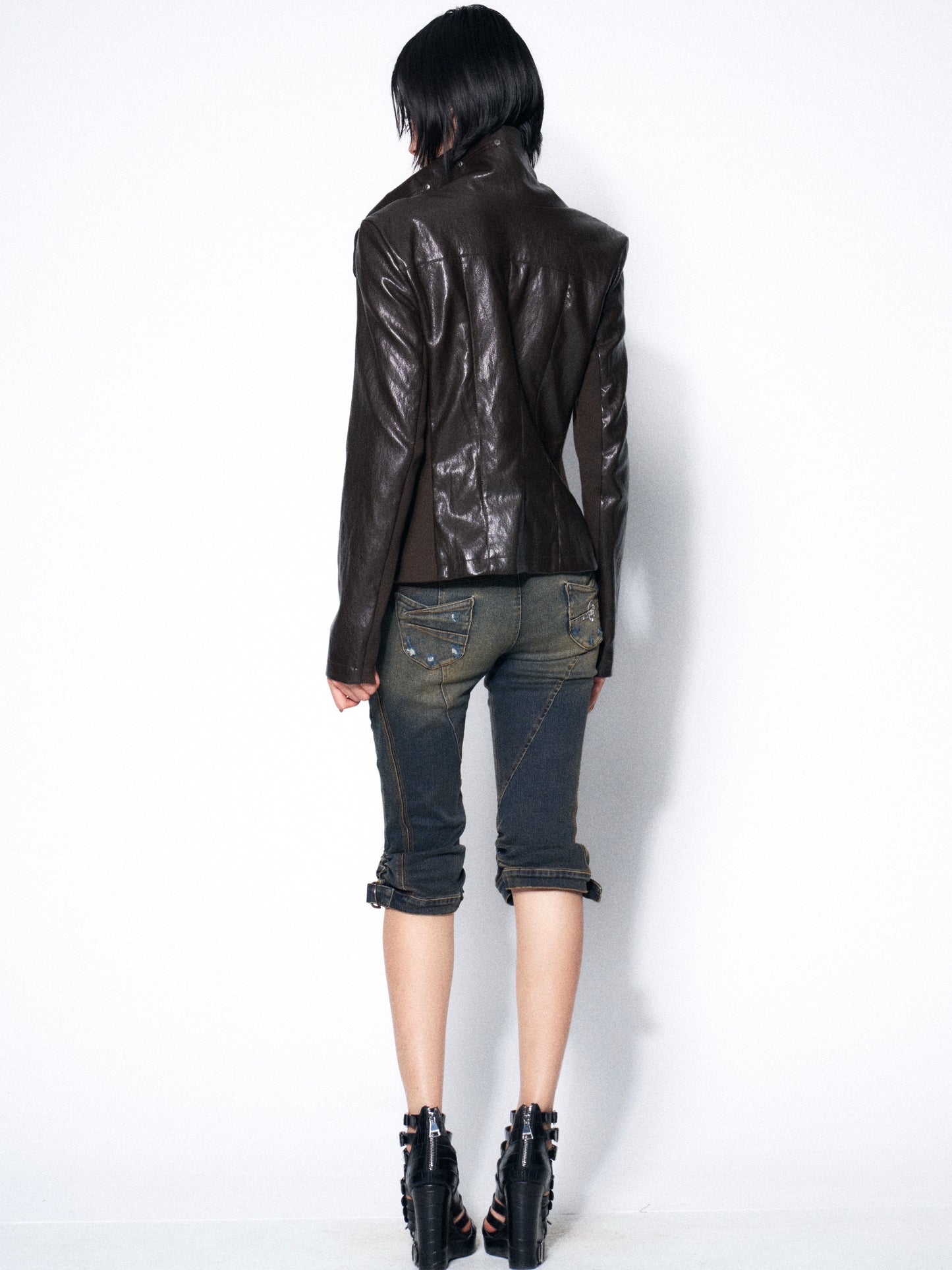 Espresso Convertible Leather Jacket with Drape Neck
