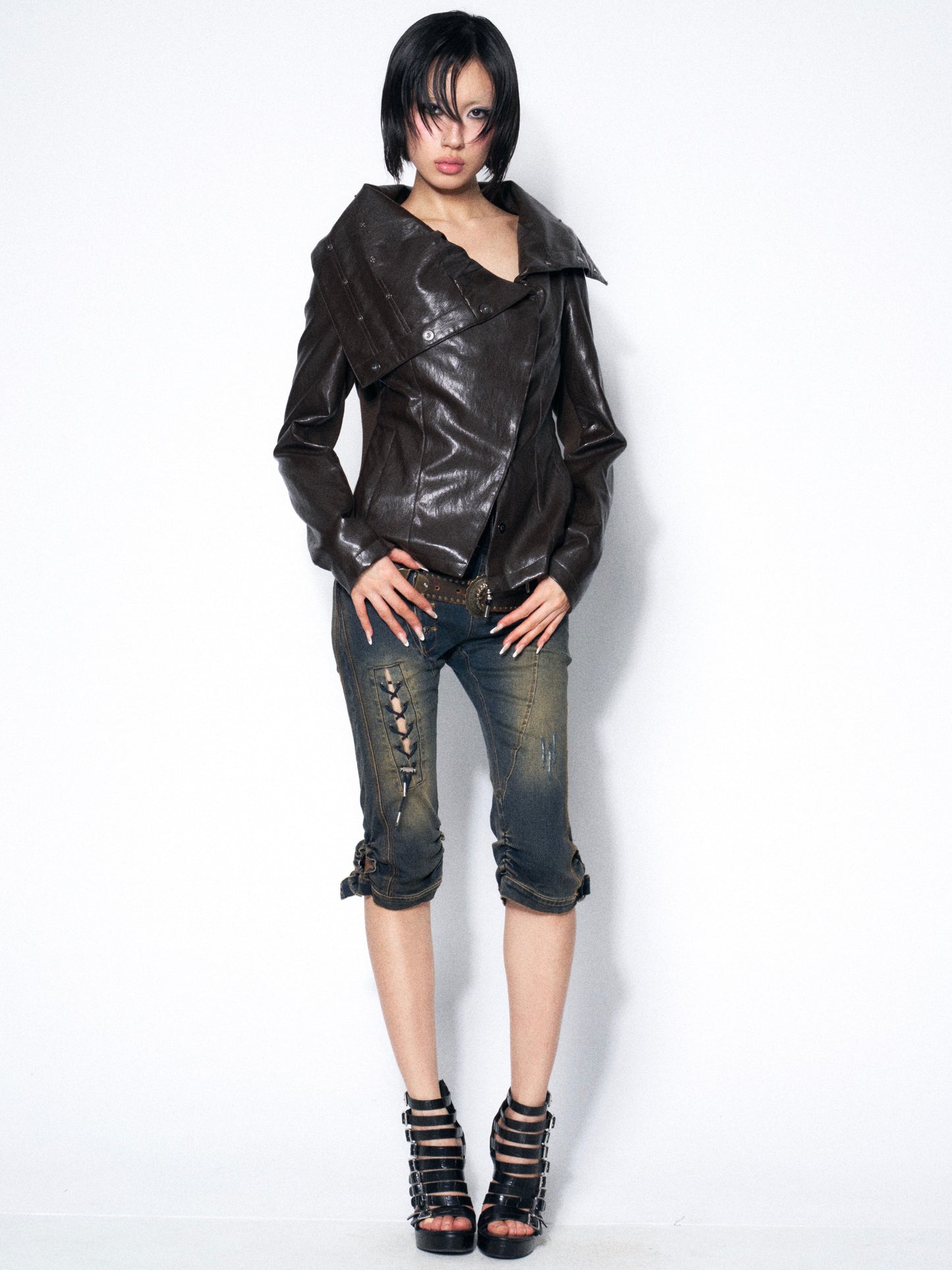 Espresso Convertible Leather Jacket with Drape Neck