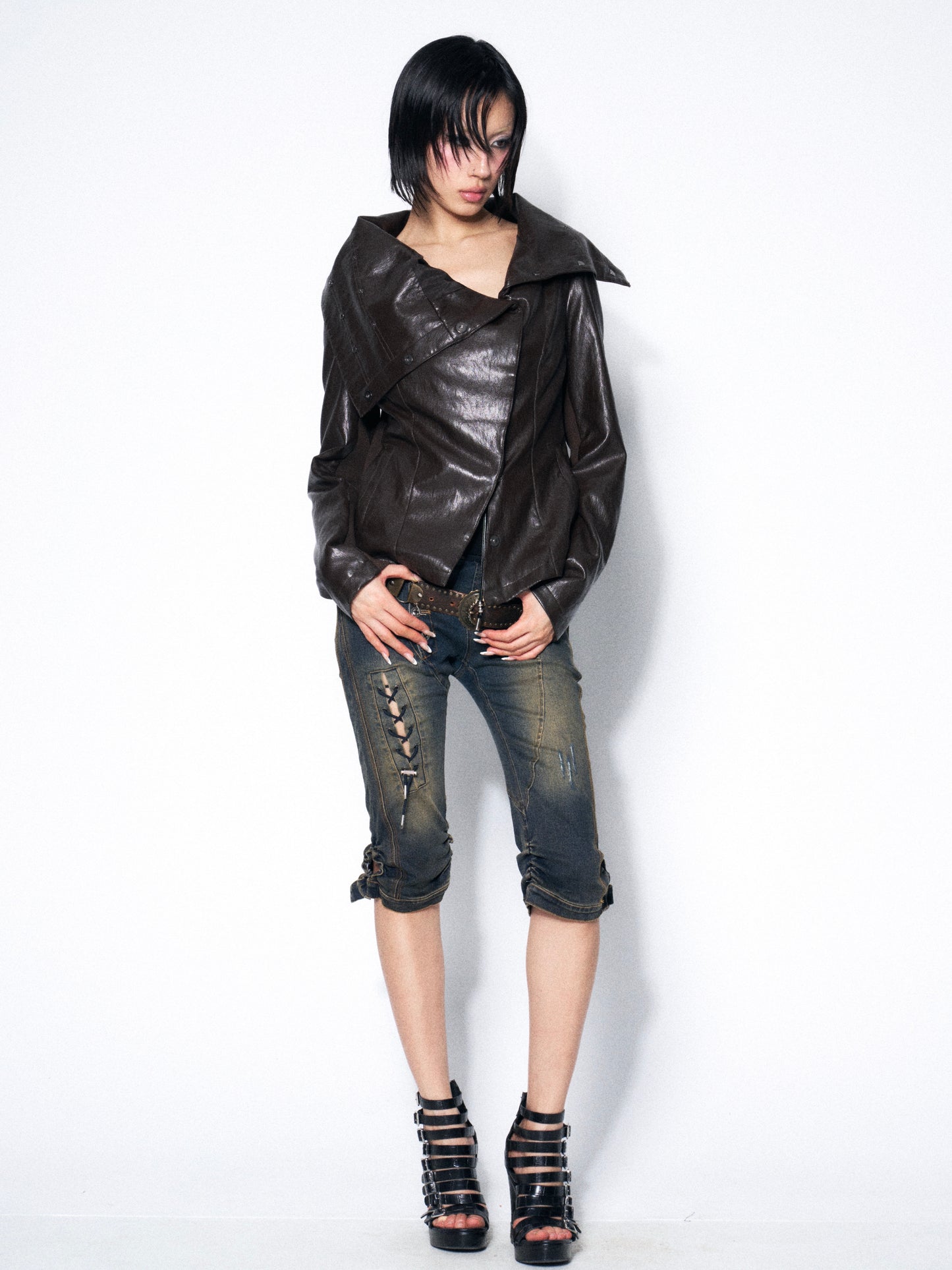 Espresso Convertible Leather Jacket with Drape Neck