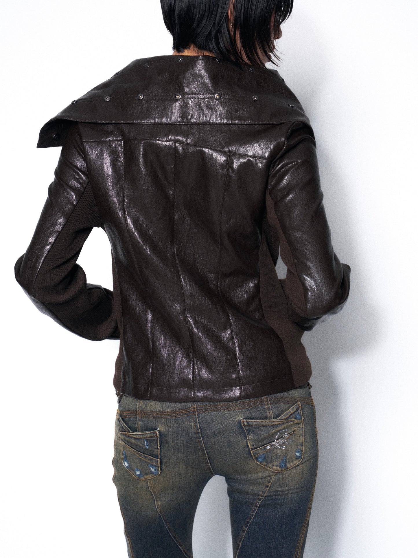 Espresso Convertible Leather Jacket with Drape Neck
