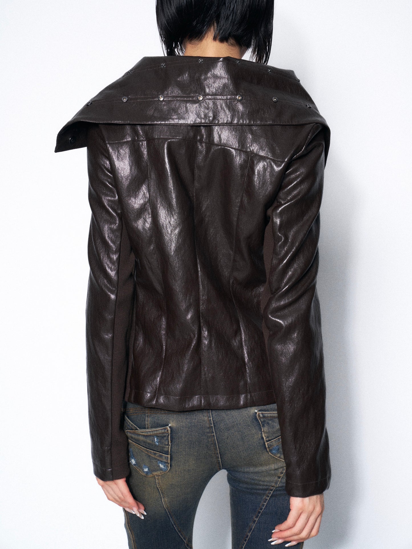 Espresso Convertible Leather Jacket with Drape Neck