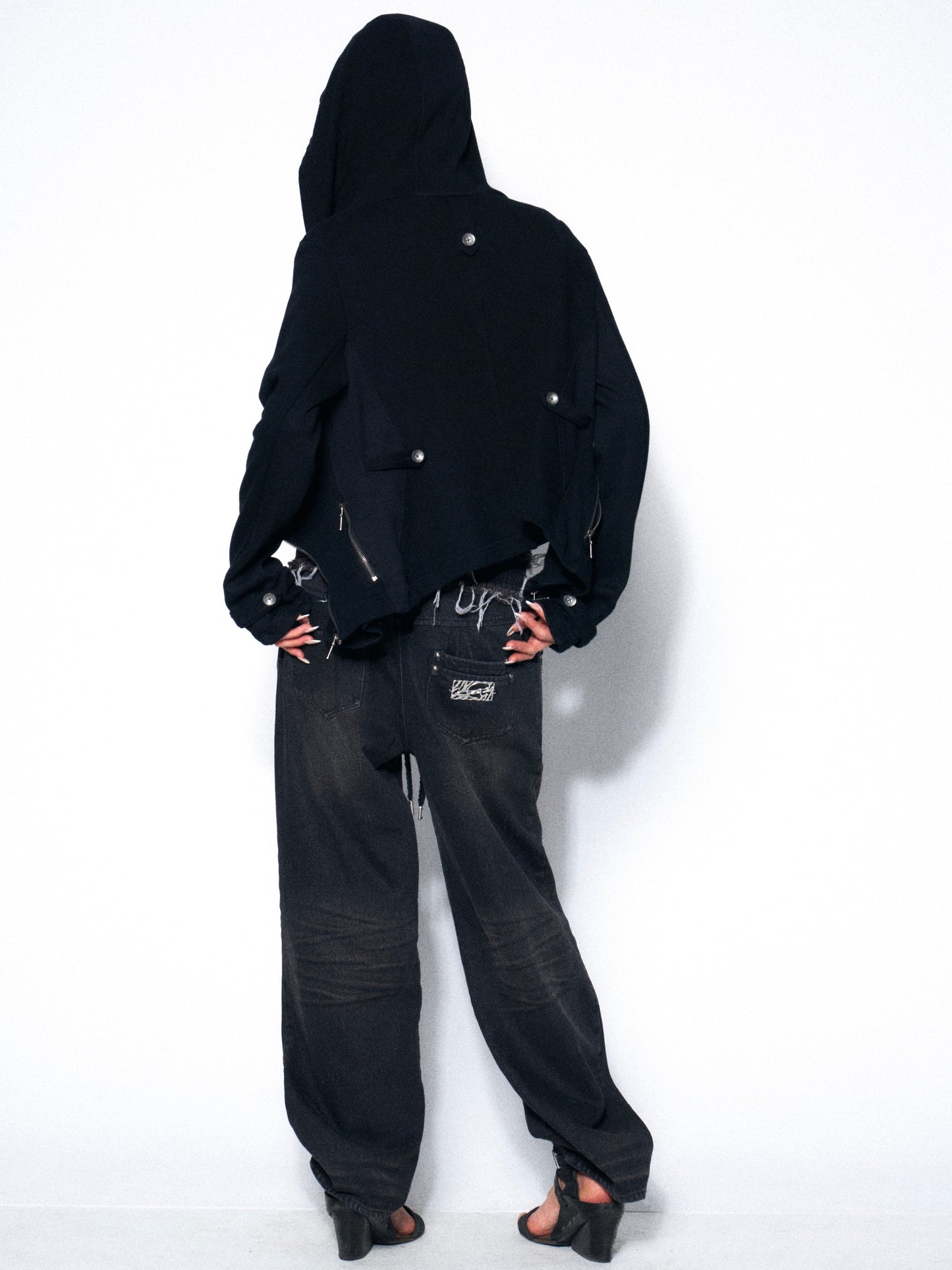 Distressed Denim Jeggings with Ribbed Paneling and Elastic Waist