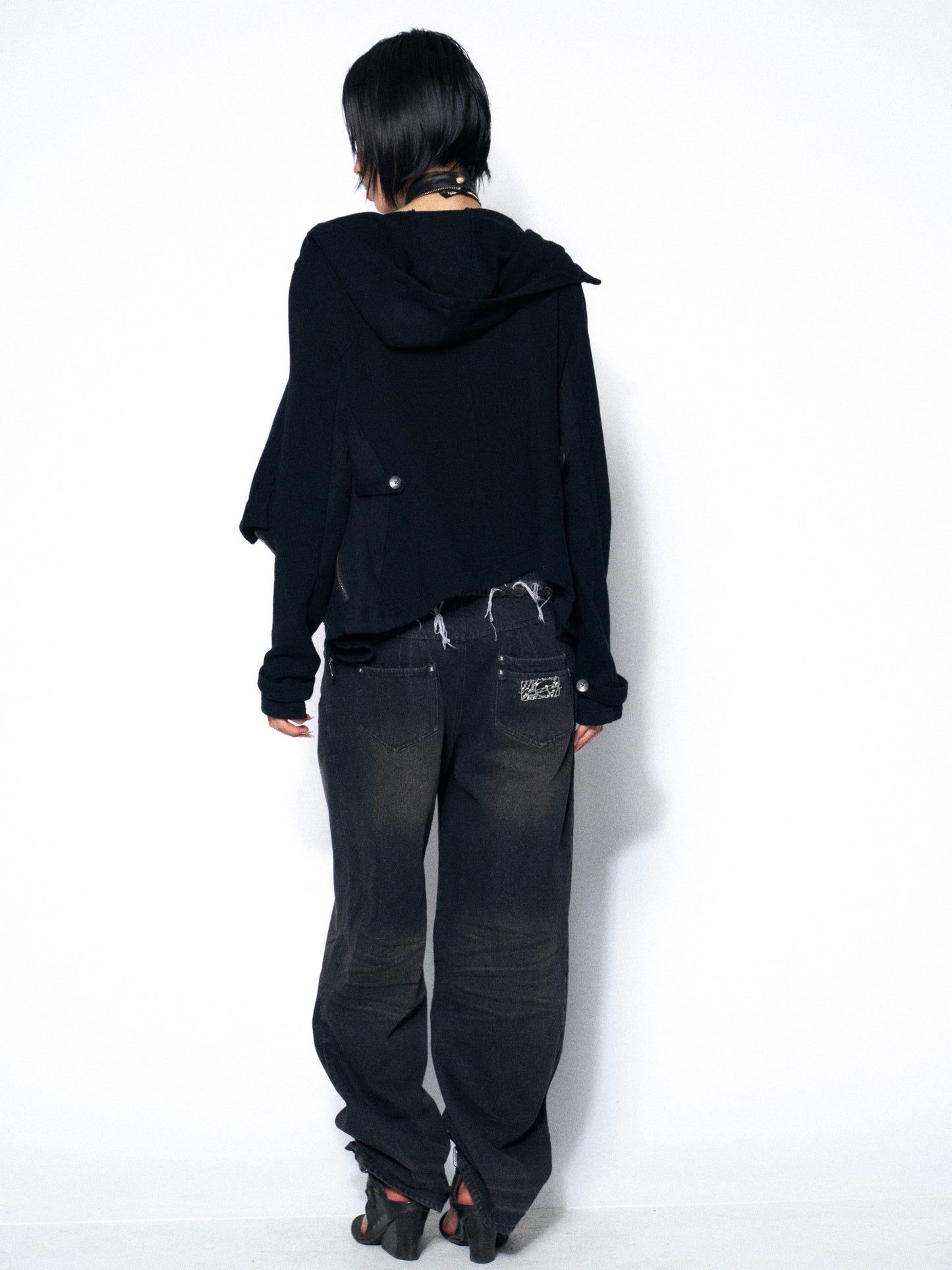 Distressed Denim Jeggings with Ribbed Paneling and Elastic Waist