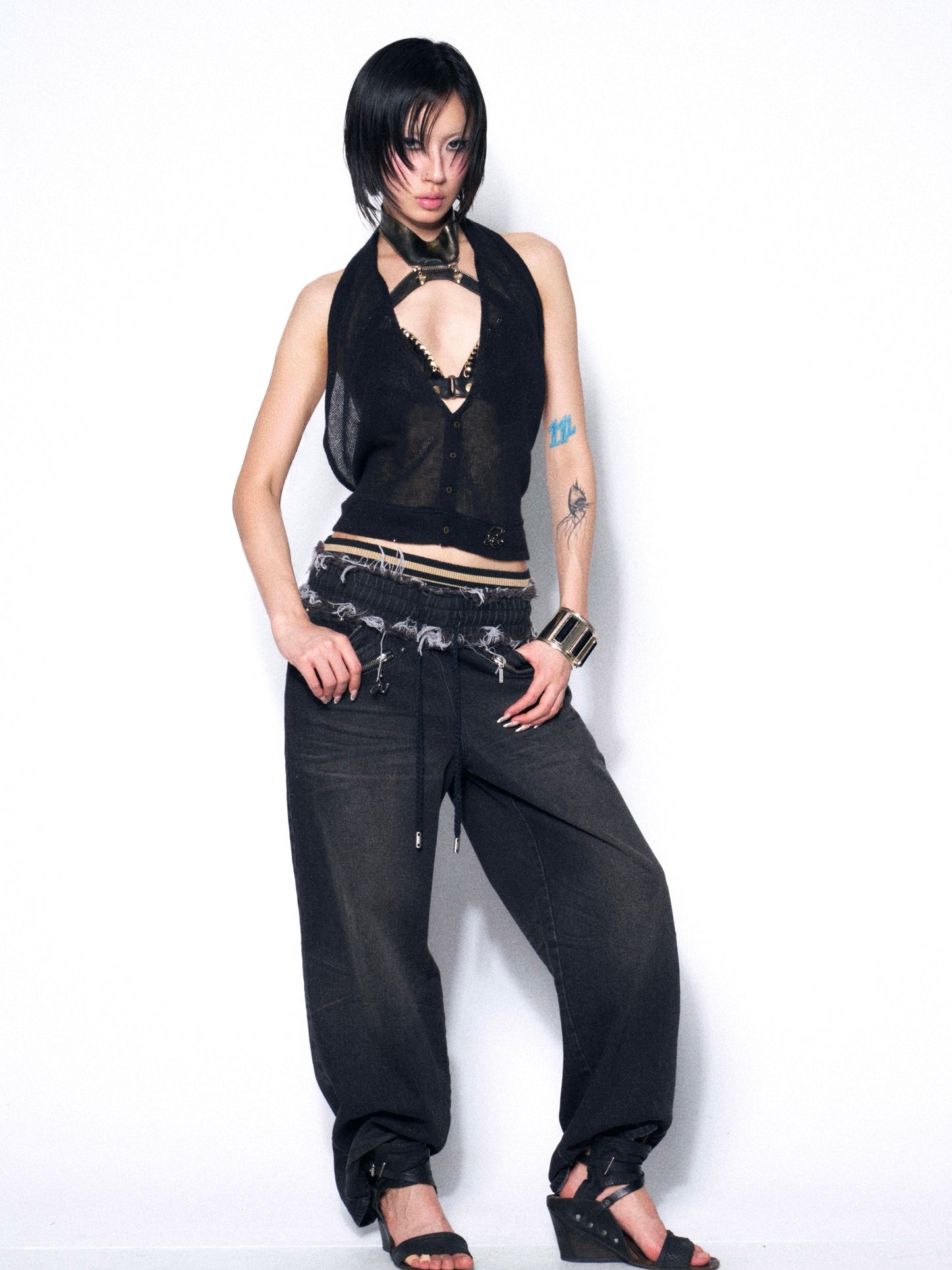 Dark Academia Lace & Mesh Two-Piece Set with Sculpting Halter Top