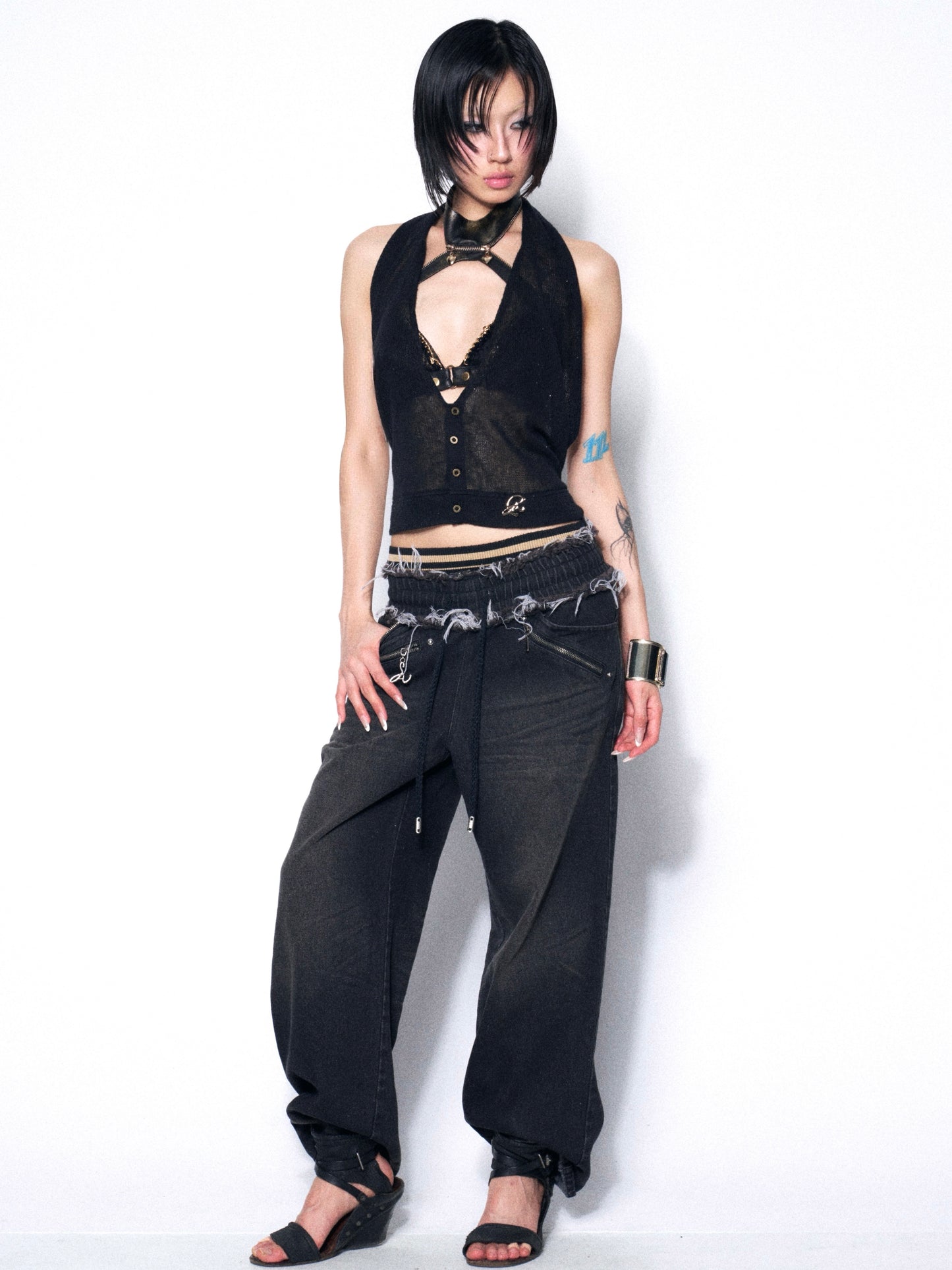 Dark Academia Lace & Mesh Two-Piece Set with Sculpting Halter Top