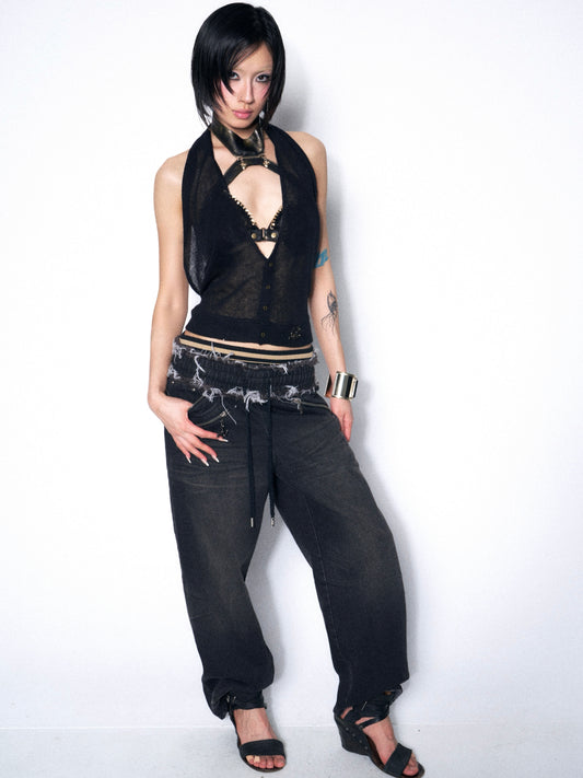 Dark Academia Lace & Mesh Two-Piece Set with Sculpting Halter Top