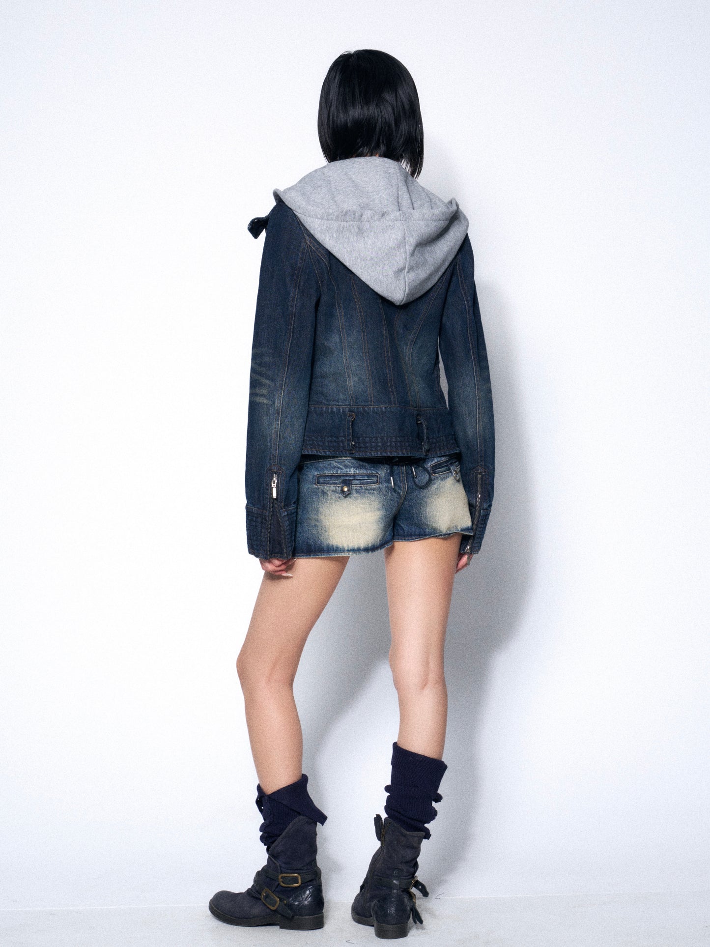 Distressed Denim Hoodie Jacket with Faux-Layer Detail and Raw Hem