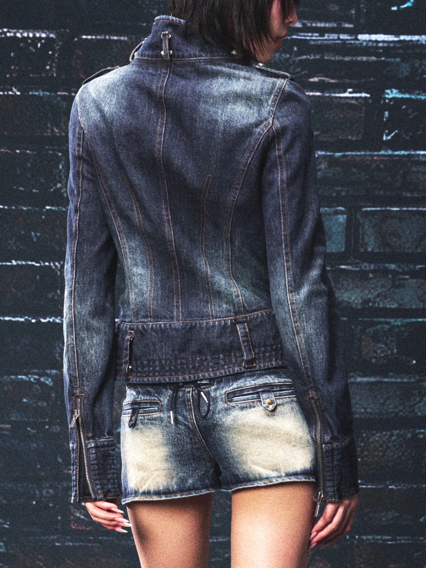 Distressed Denim Hoodie Jacket with Faux-Layer Detail and Raw Hem