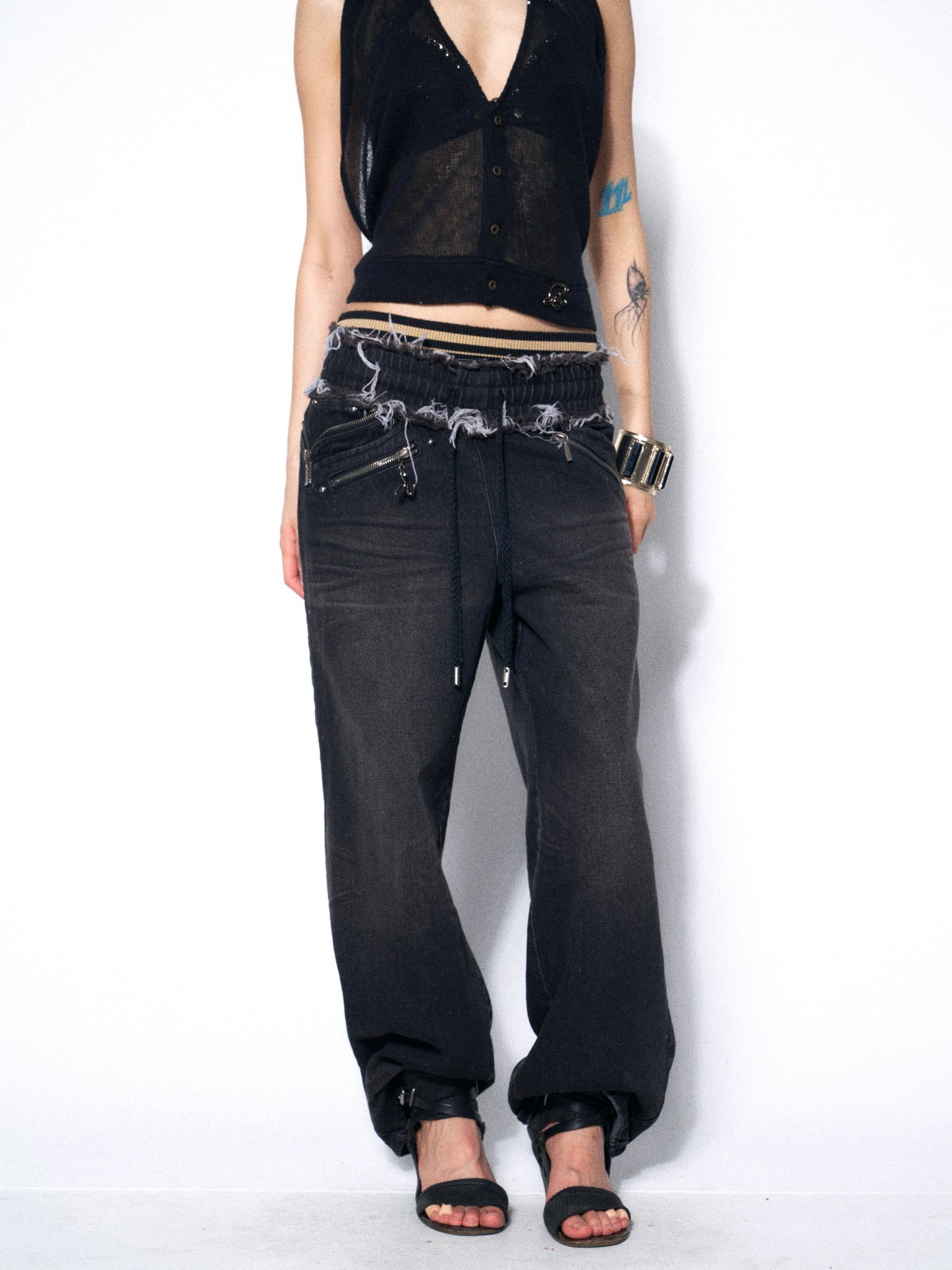 Distressed Denim Jeggings with Ribbed Paneling and Elastic Waist
