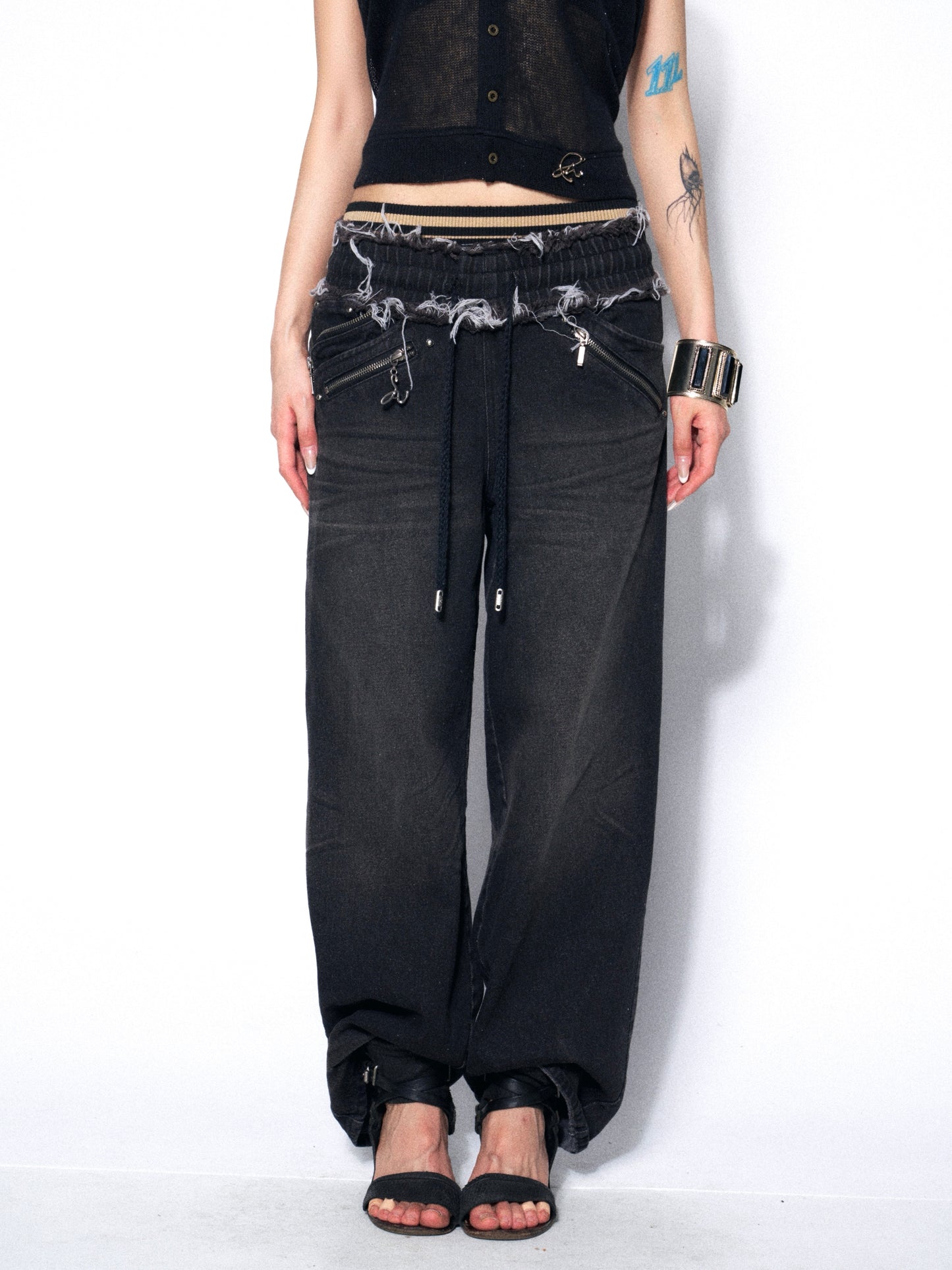 Distressed Denim Jeggings with Ribbed Paneling and Elastic Waist