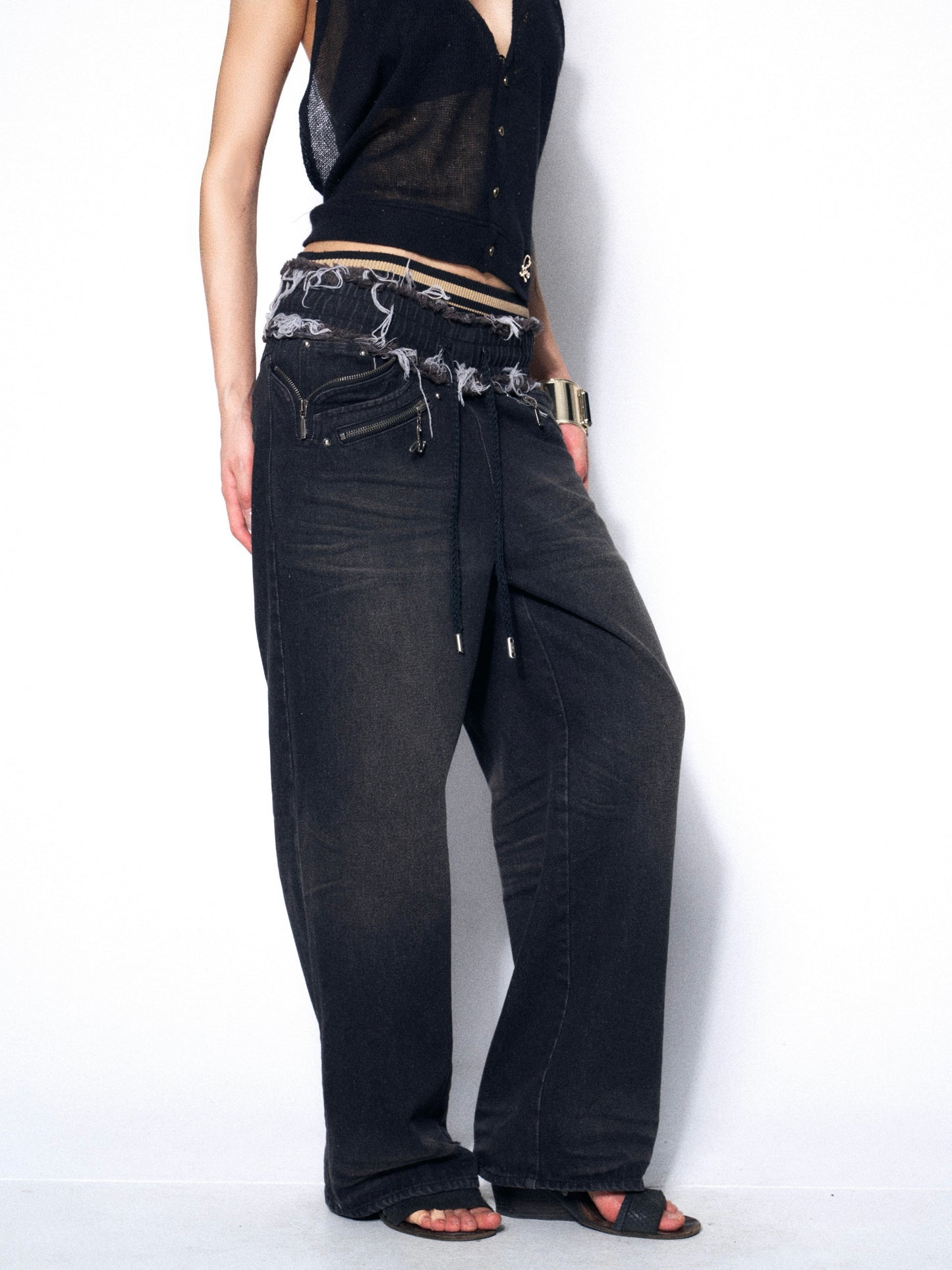 Distressed Denim Jeggings with Ribbed Paneling and Elastic Waist