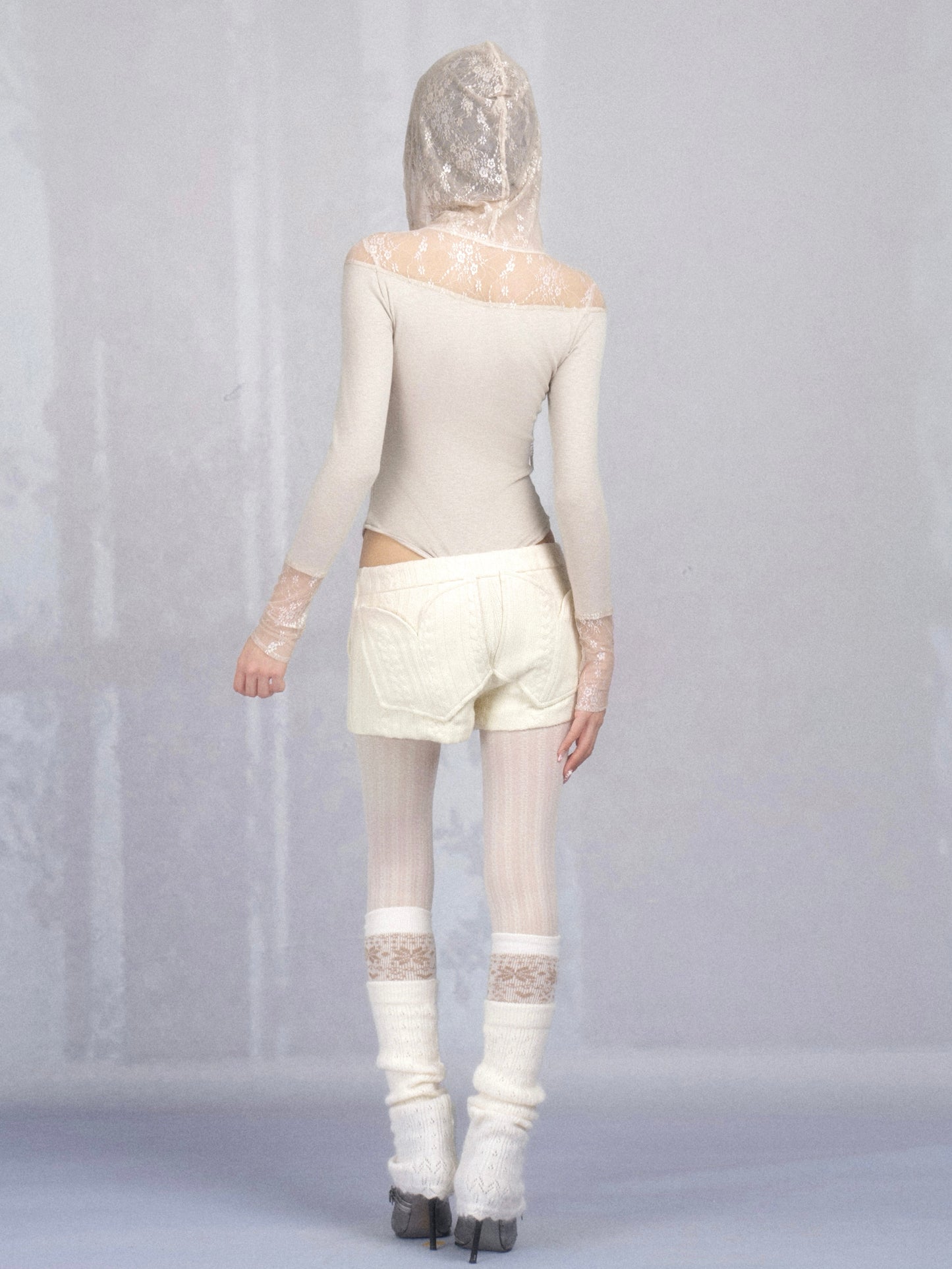 Lace and Jersey Paneled Hooded Long Sleeve Bodysuit