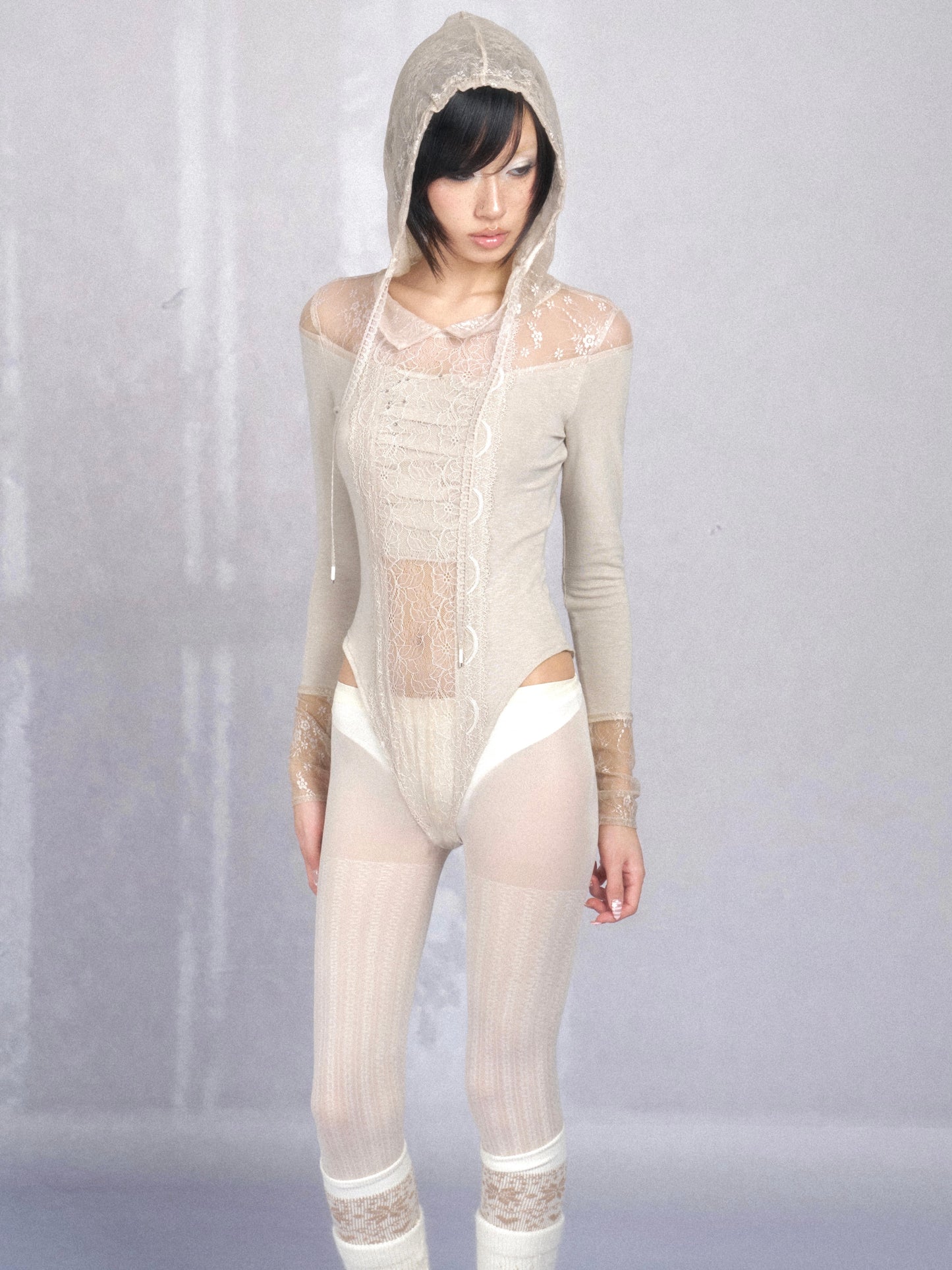 Lace and Jersey Paneled Hooded Long Sleeve Bodysuit