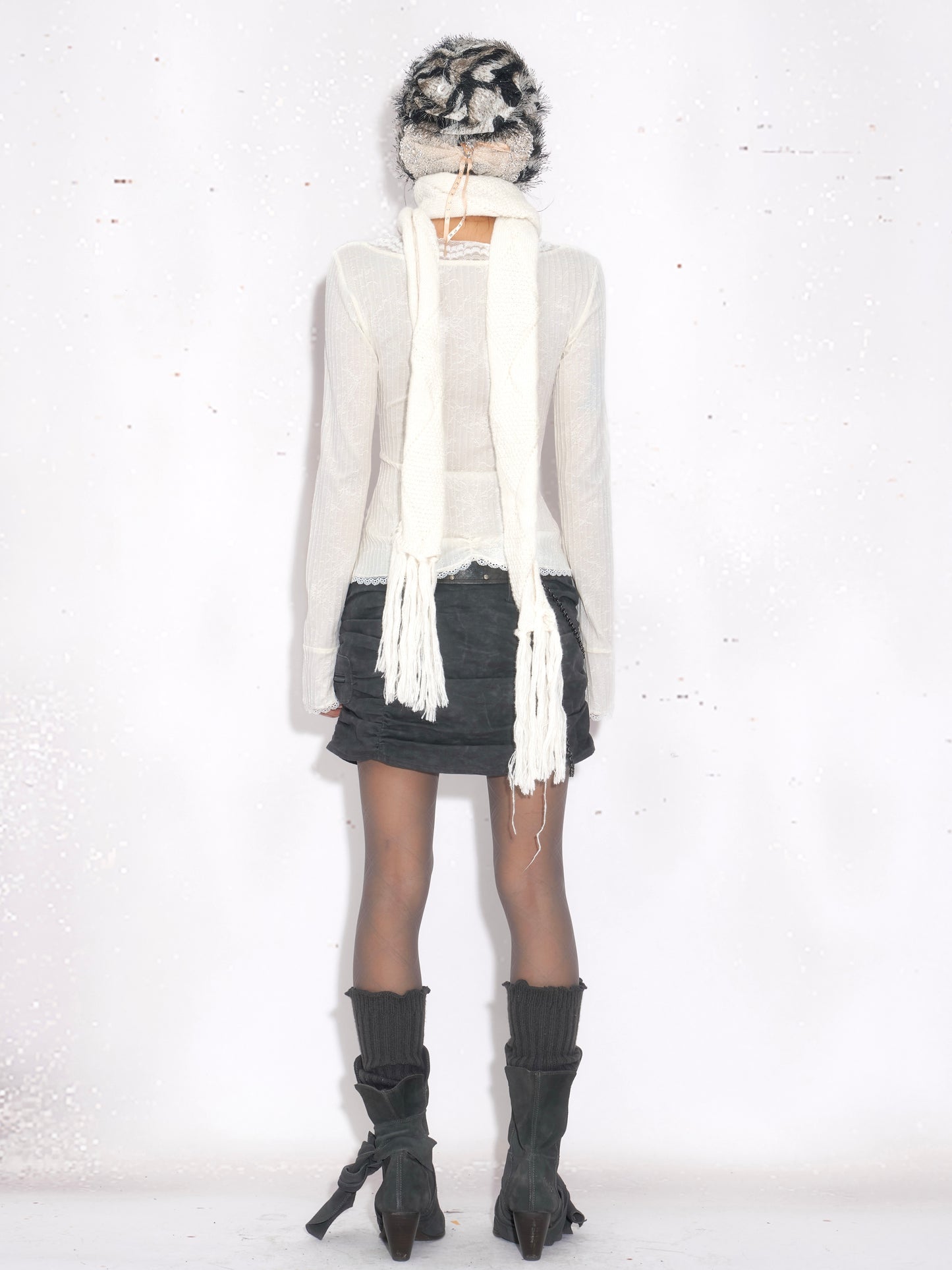 French Lace-Trim White Knit Top