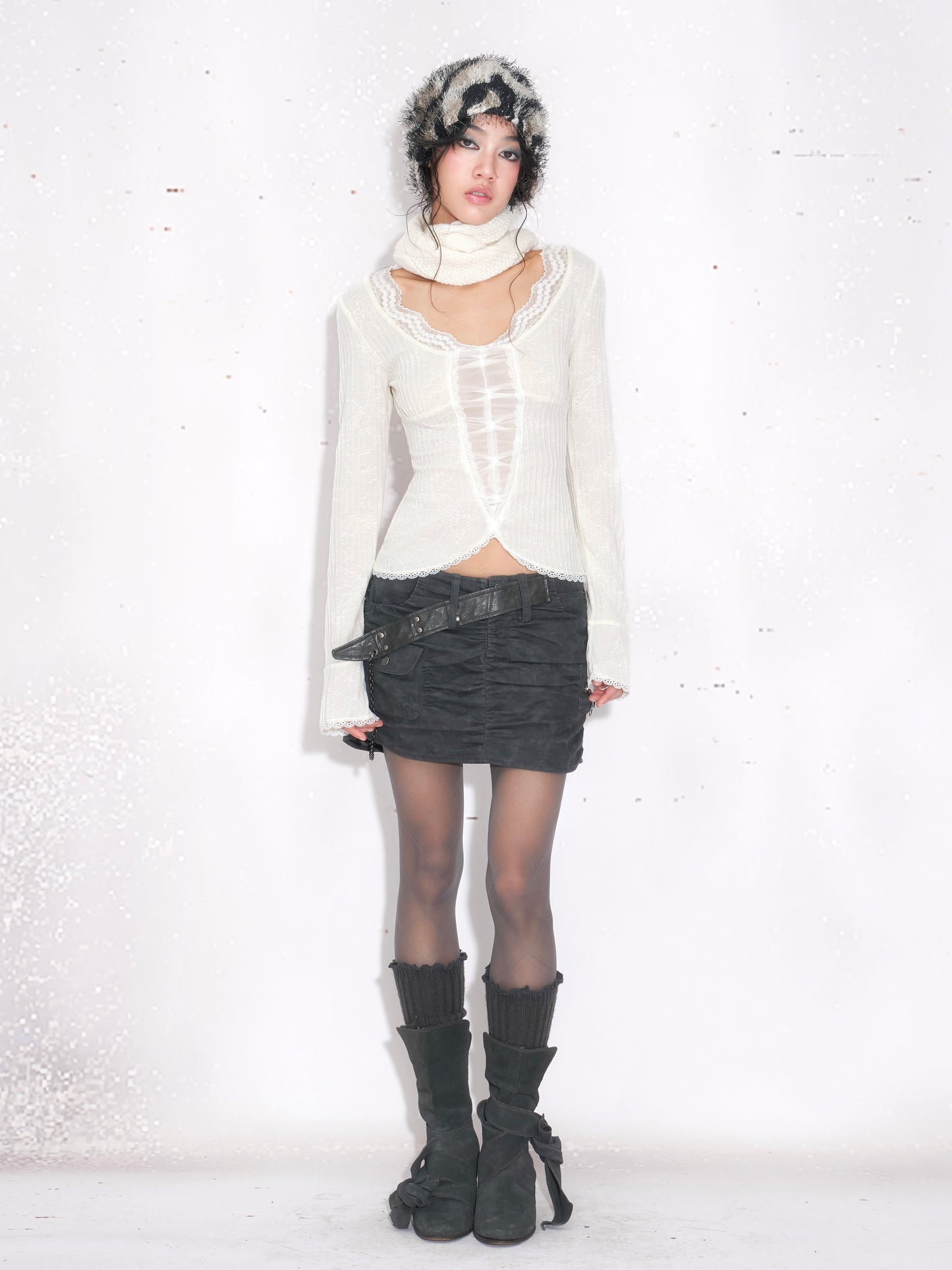 Ruched Skirt with Waist Belt Chain