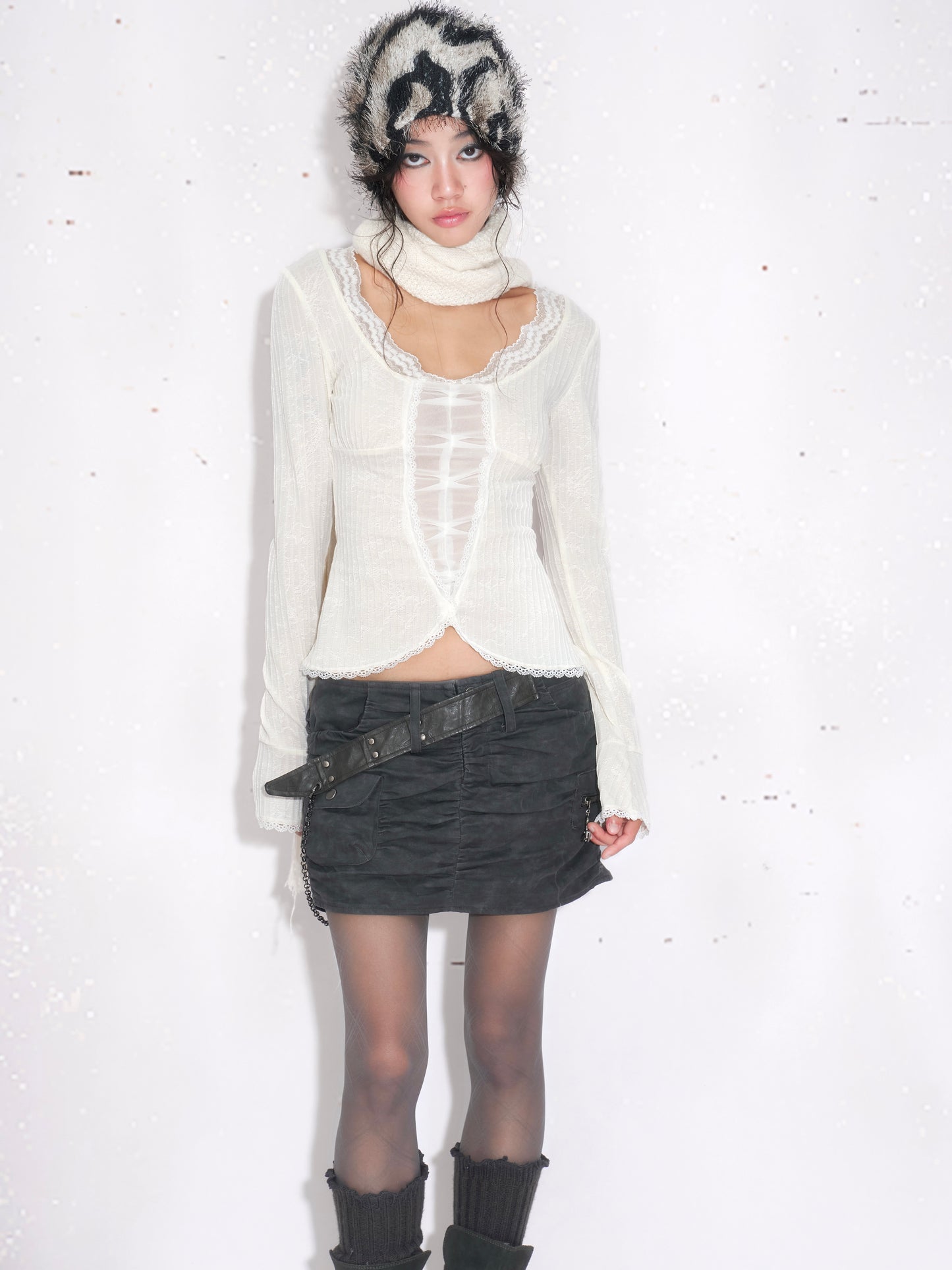 French Lace-Trim White Knit Top