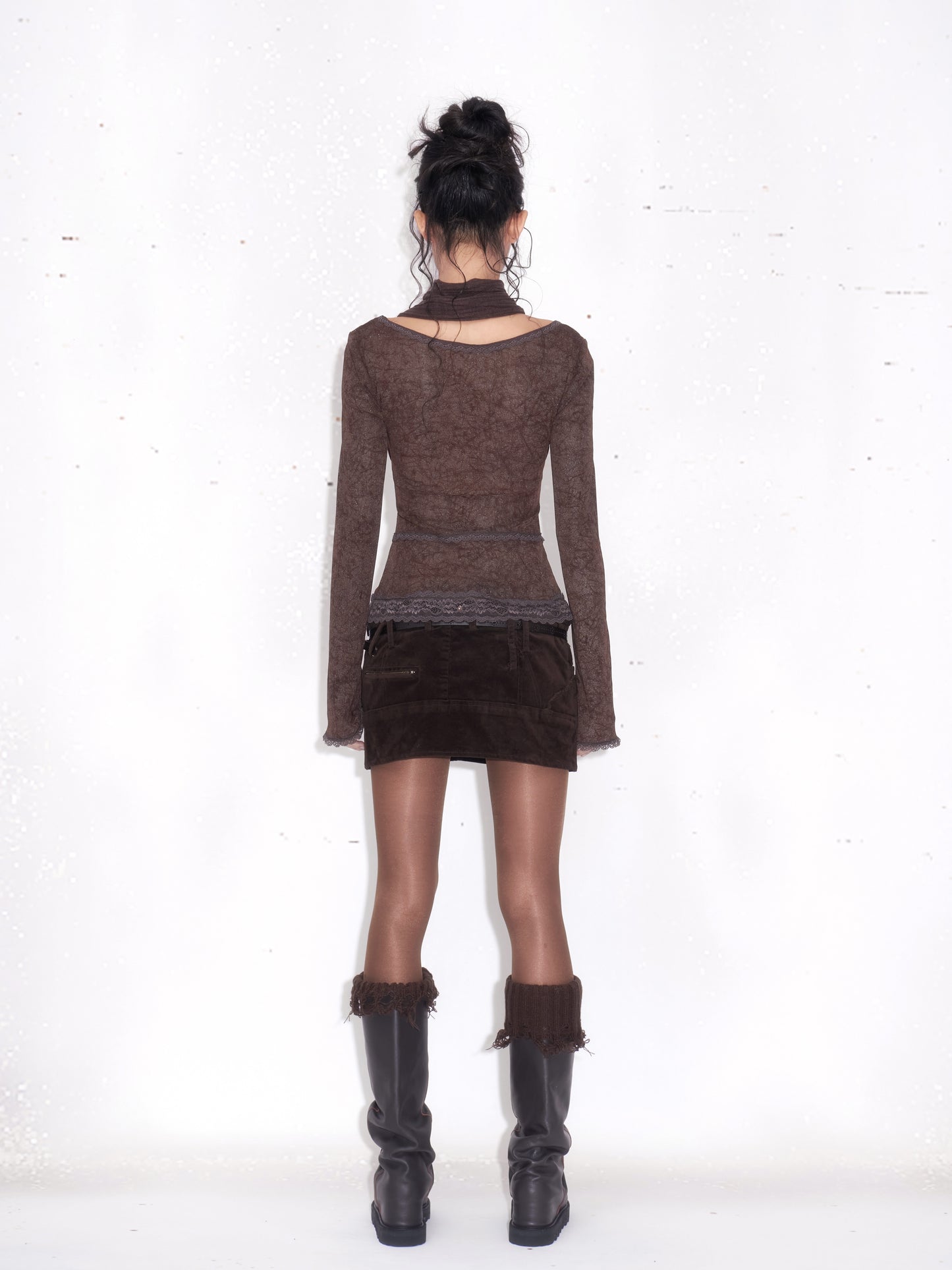 Lace Faux Two-Piece Long Sleeve Top with Scarf