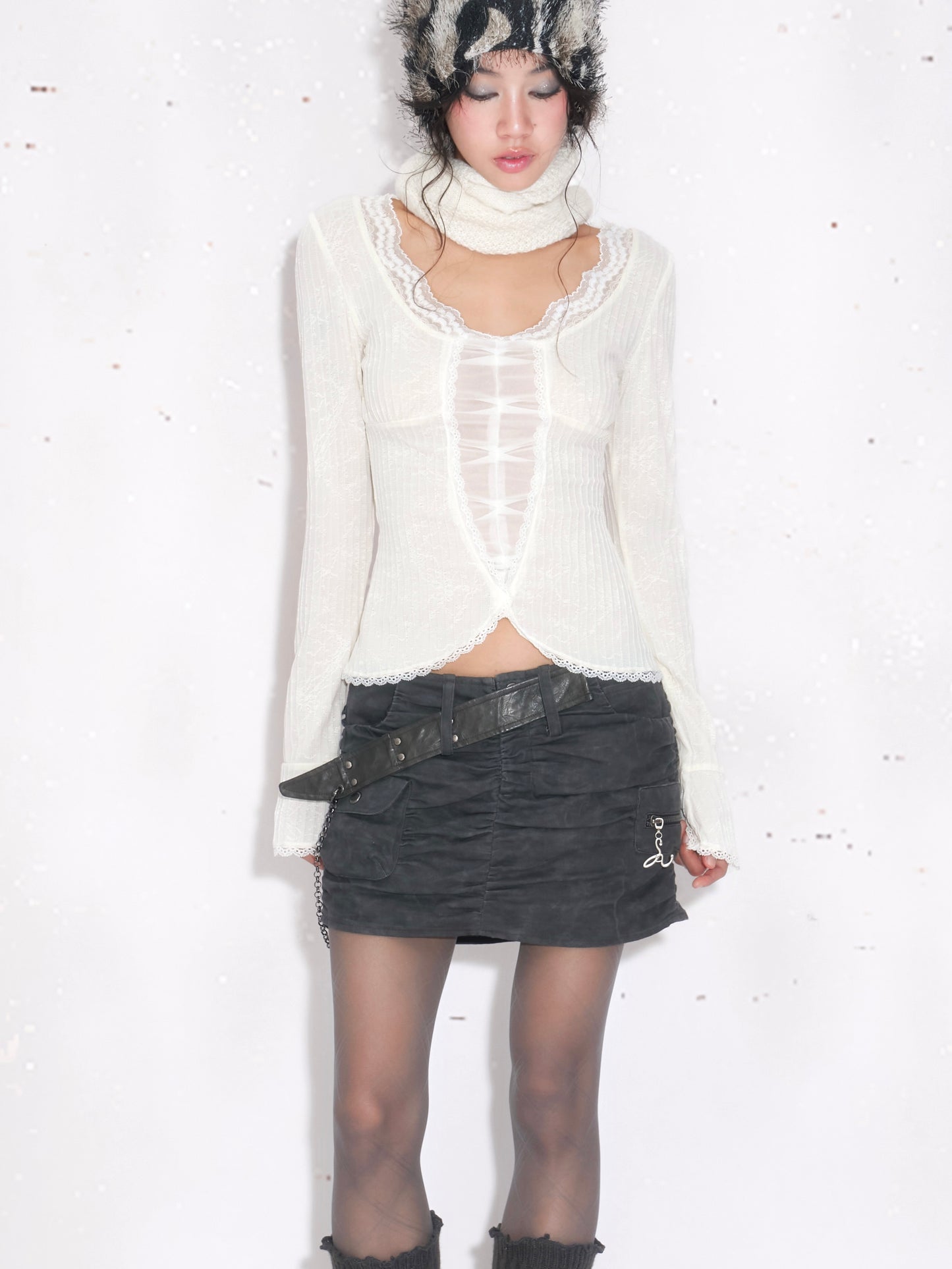 Ruched Skirt with Waist Belt Chain