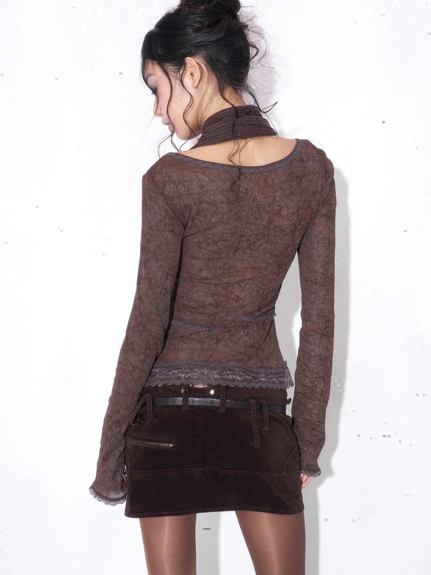Lace Faux Two-Piece Long Sleeve Top with Scarf