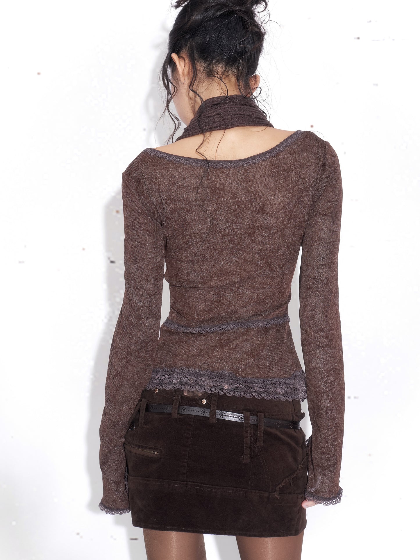 Lace Faux Two-Piece Long Sleeve Top with Scarf