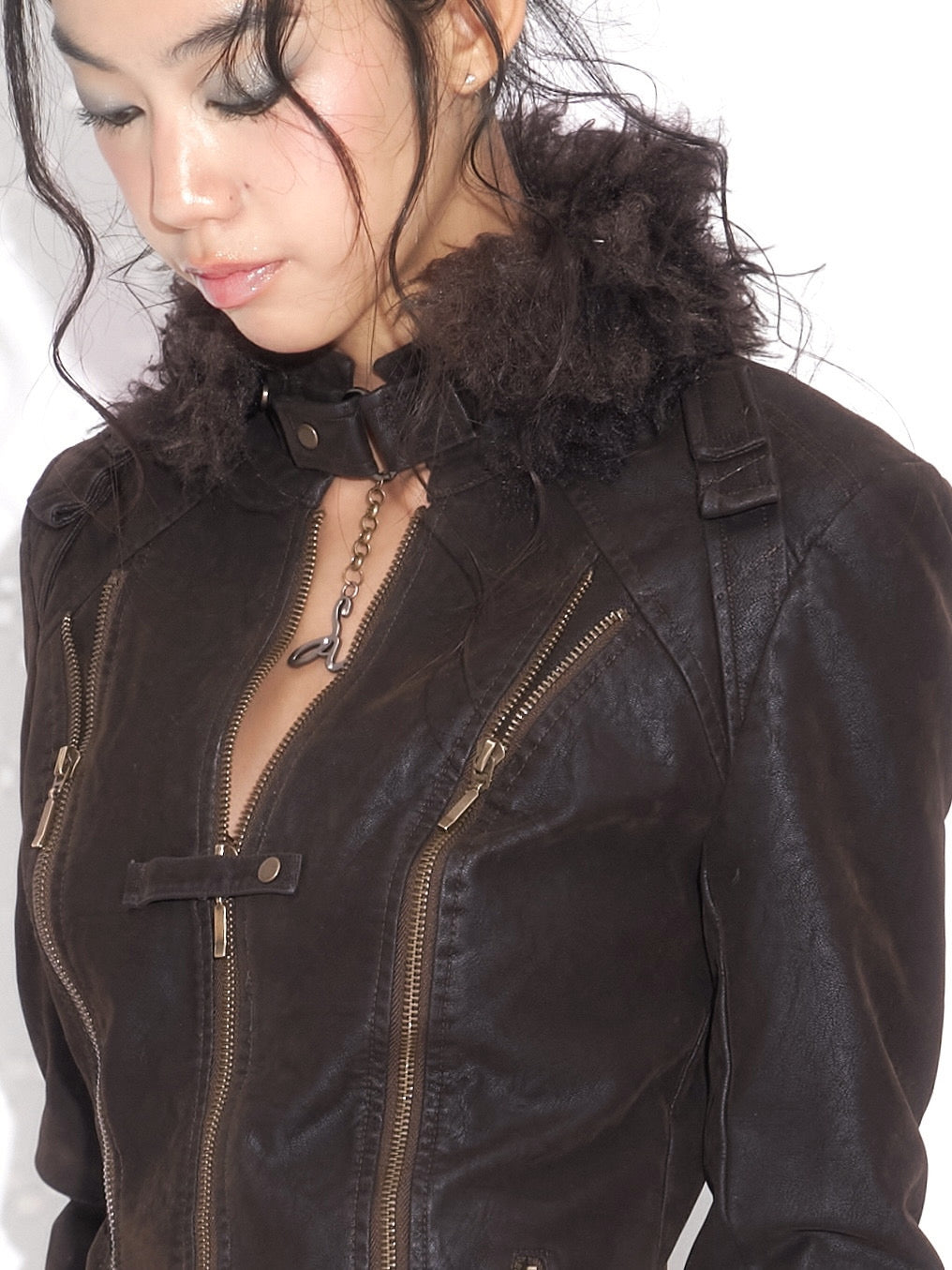 Zipper-Detail Quilted Leather Jacket with Fur Collar