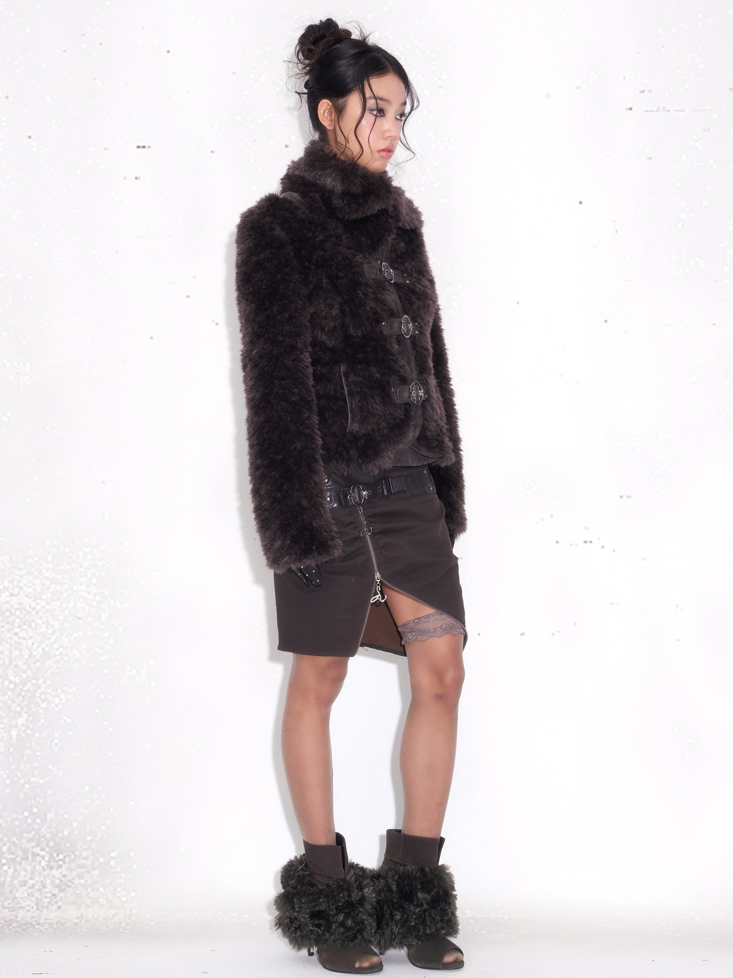 Faux Fur Paneled Jacket with Fur Colla