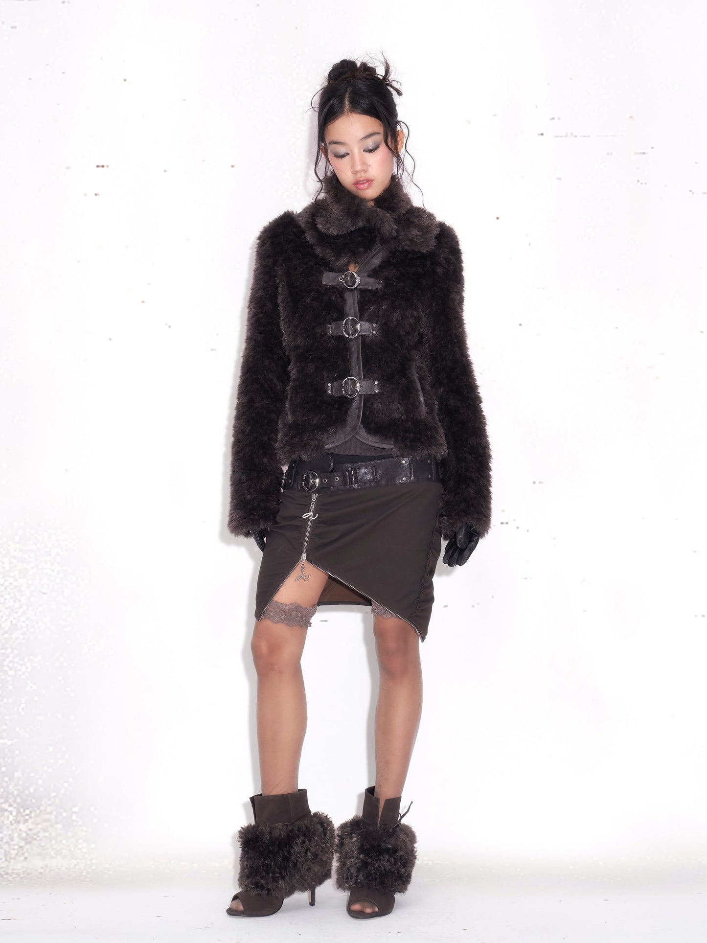 Faux Fur Paneled Jacket with Fur Colla