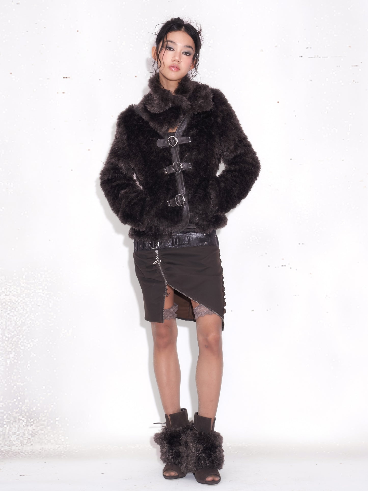 Faux Fur Paneled Jacket with Fur Colla