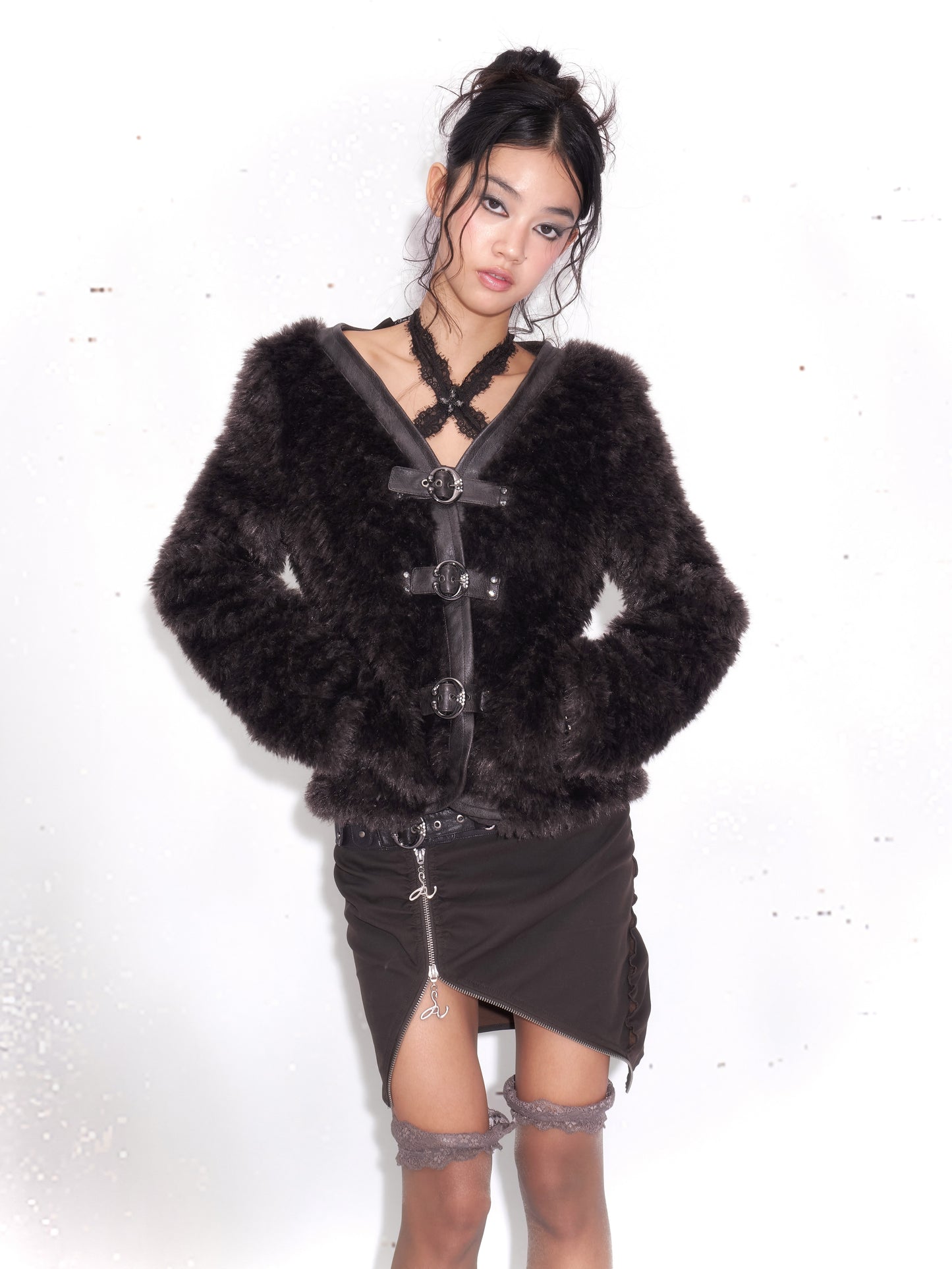 Faux Fur Paneled Jacket with Fur Colla