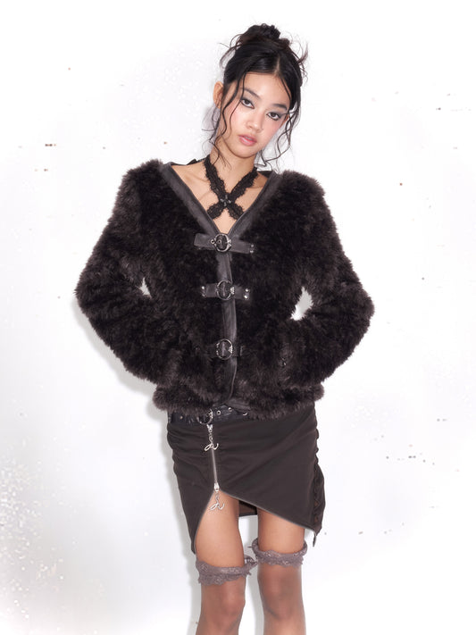 Faux Fur Paneled Jacket with Fur Colla