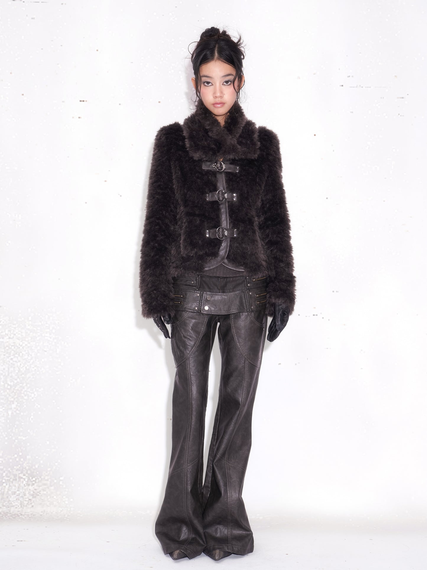 Dark Leather Zip-Detail Paneled Slim Slight Flared Pants