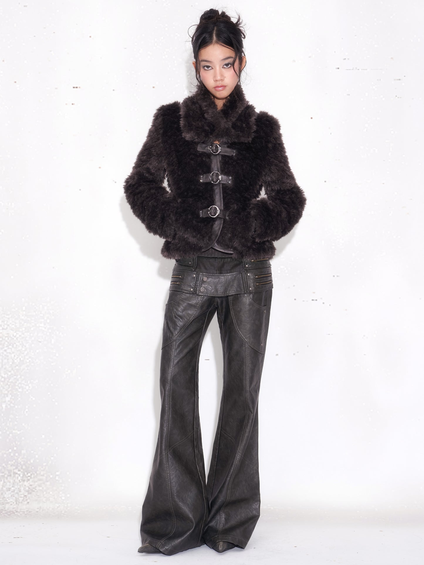 Dark Leather Zip-Detail Paneled Slim Slight Flared Pants