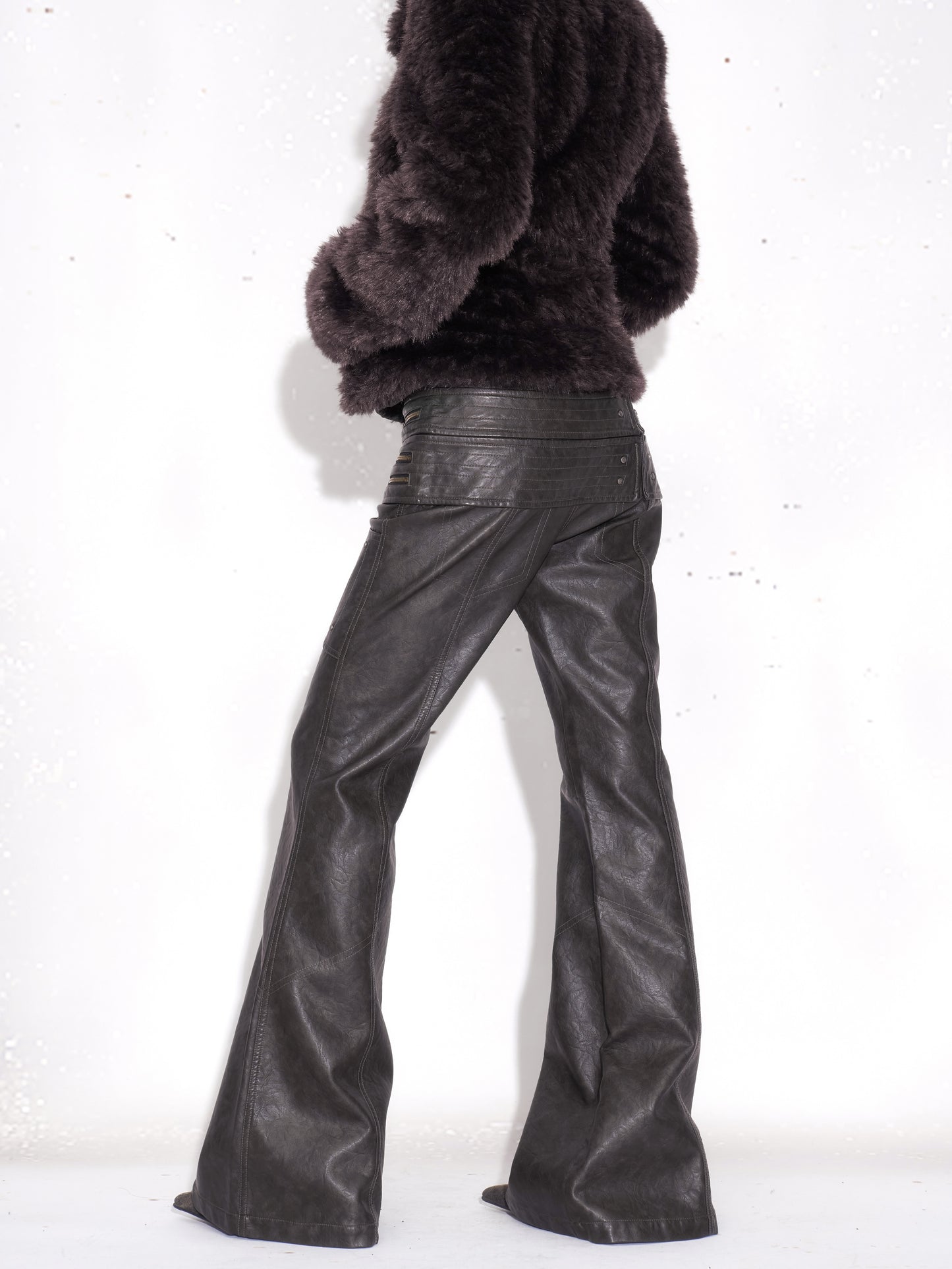 Dark Leather Zip-Detail Paneled Slim Slight Flared Pants