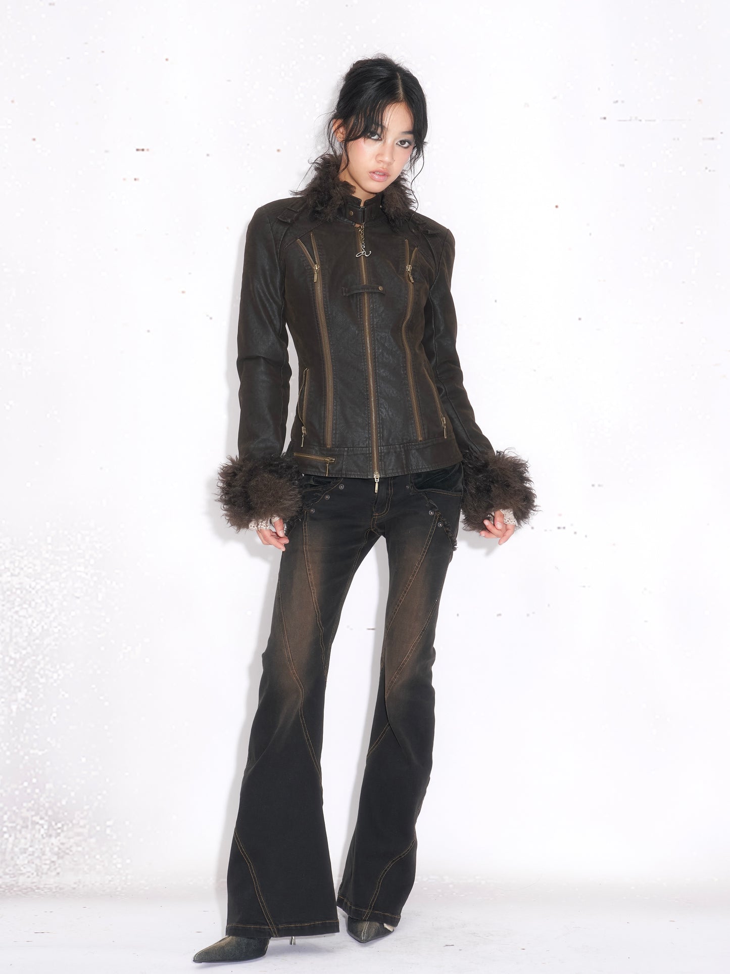 Zipper-Detail Quilted Leather Jacket with Fur Collar