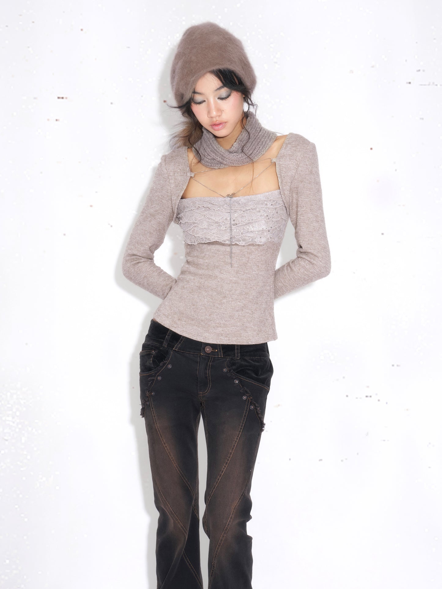 Lace-Trim Knit Faux Two-Piece Top with Rhinestone Detail