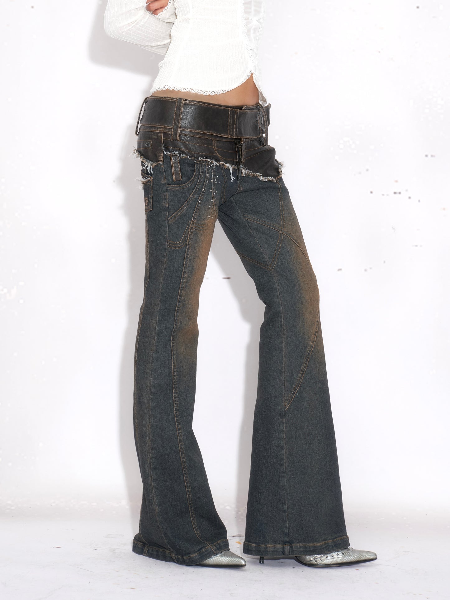 Leather-Paneled Rhinestone Low-Rise Slight Flared Jeans