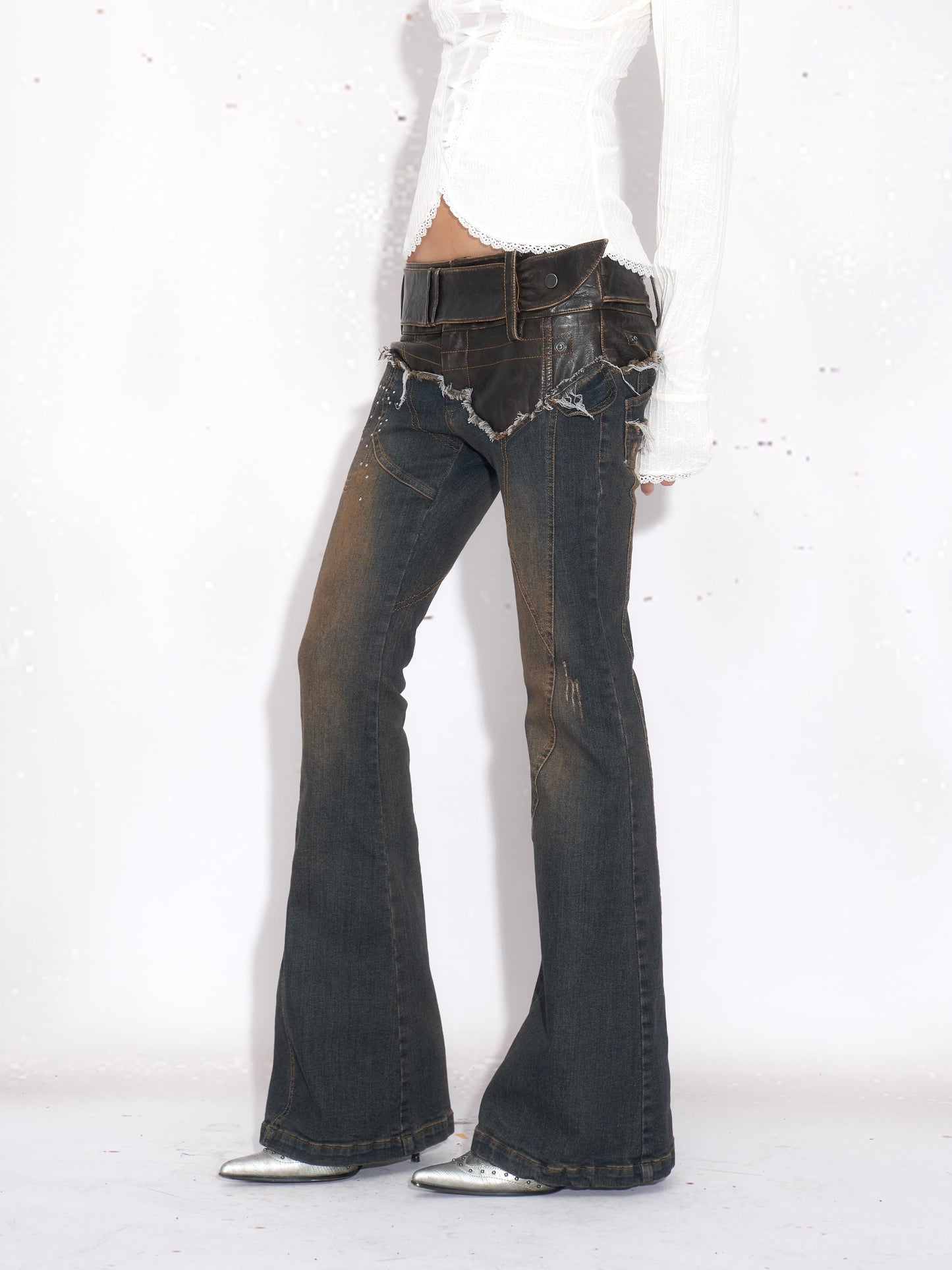 Leather-Paneled Rhinestone Low-Rise Slight Flared Jeans