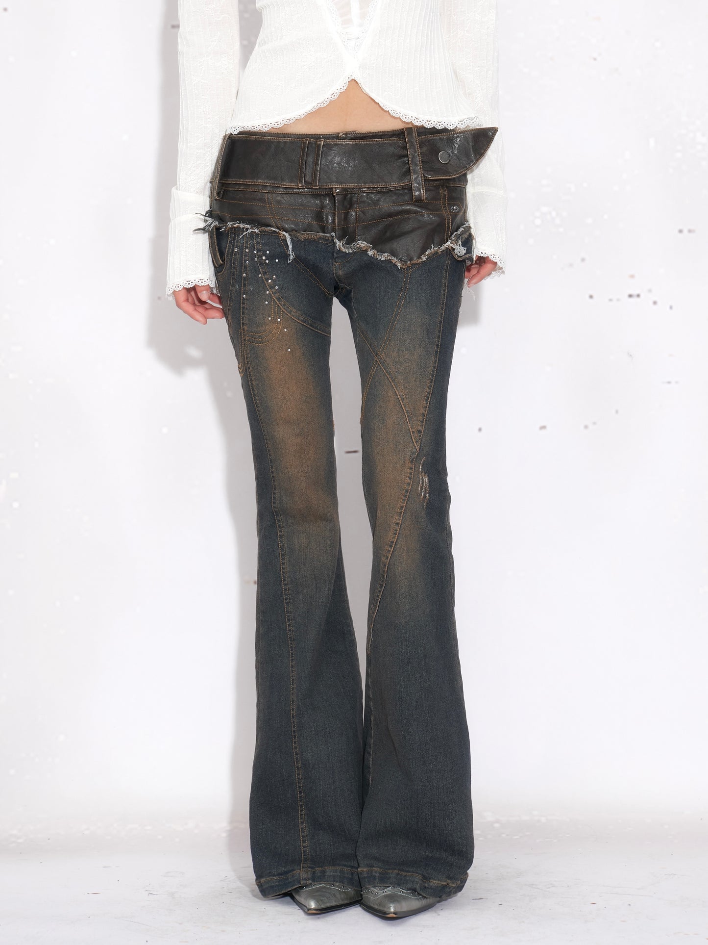 Leather-Paneled Rhinestone Low-Rise Slight Flared Jeans