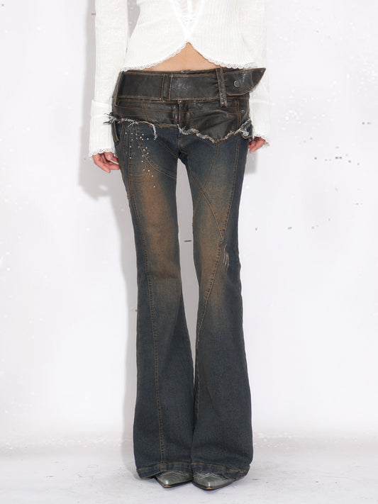 Leather-Paneled Rhinestone Low-Rise Slight Flared Jeans