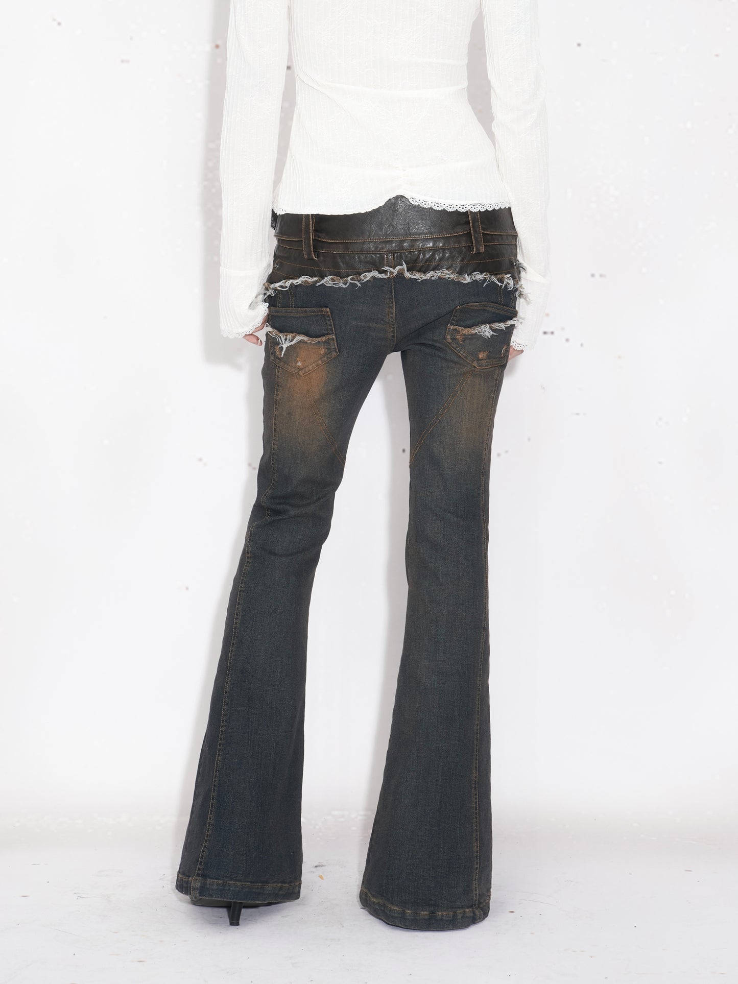Leather-Paneled Rhinestone Low-Rise Slight Flared Jeans