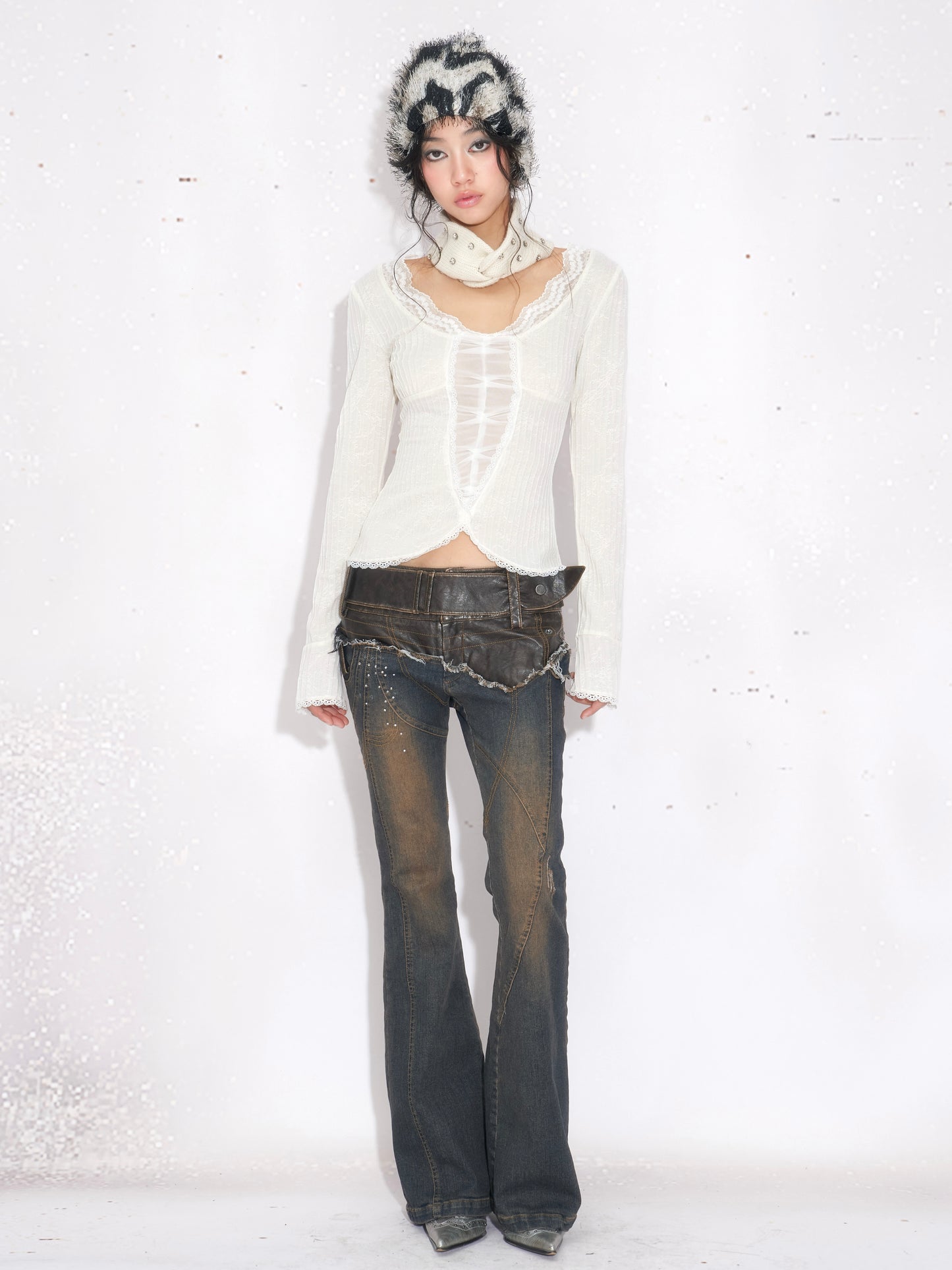 French Lace-Trim White Knit Top